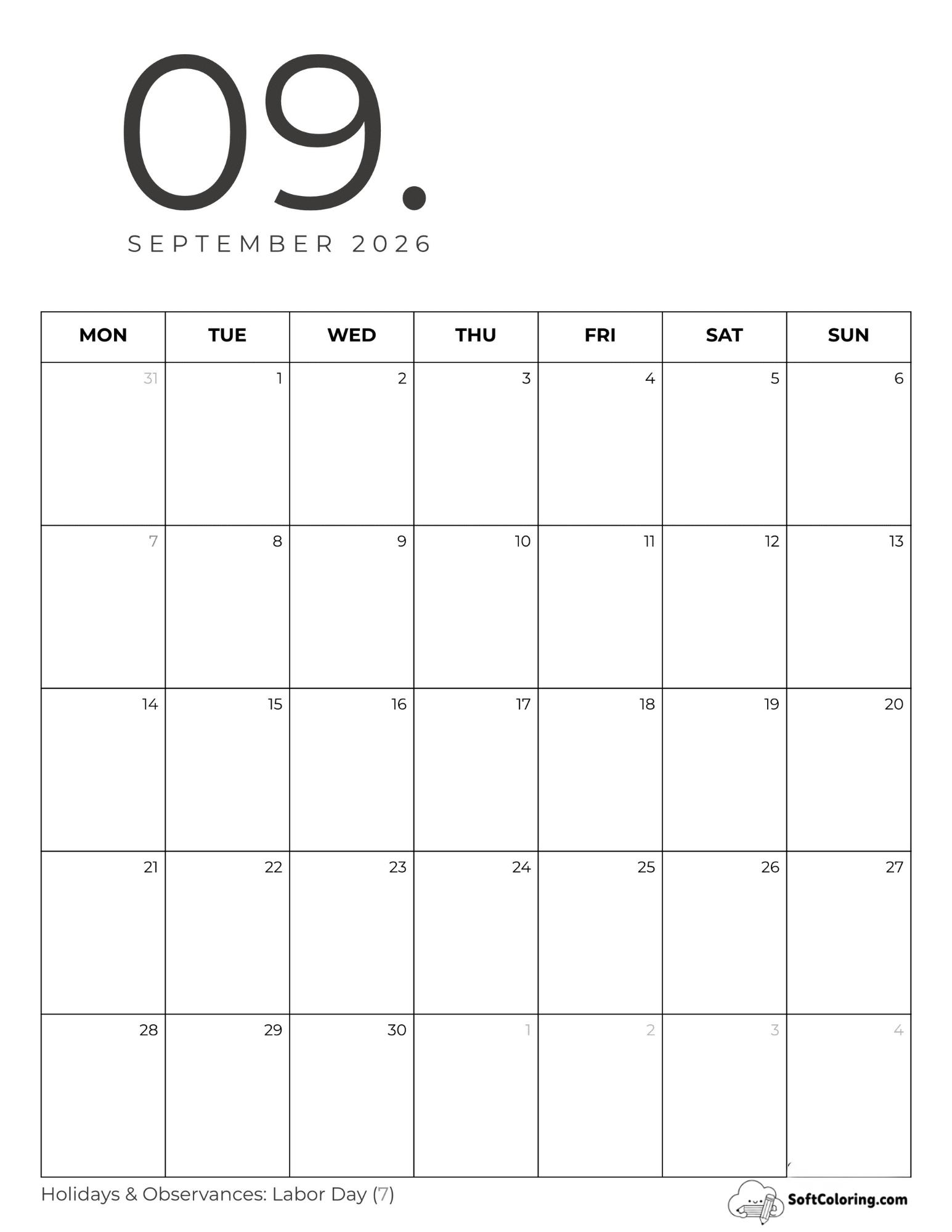Minimalist Portrait - Sept Mon Calendar
