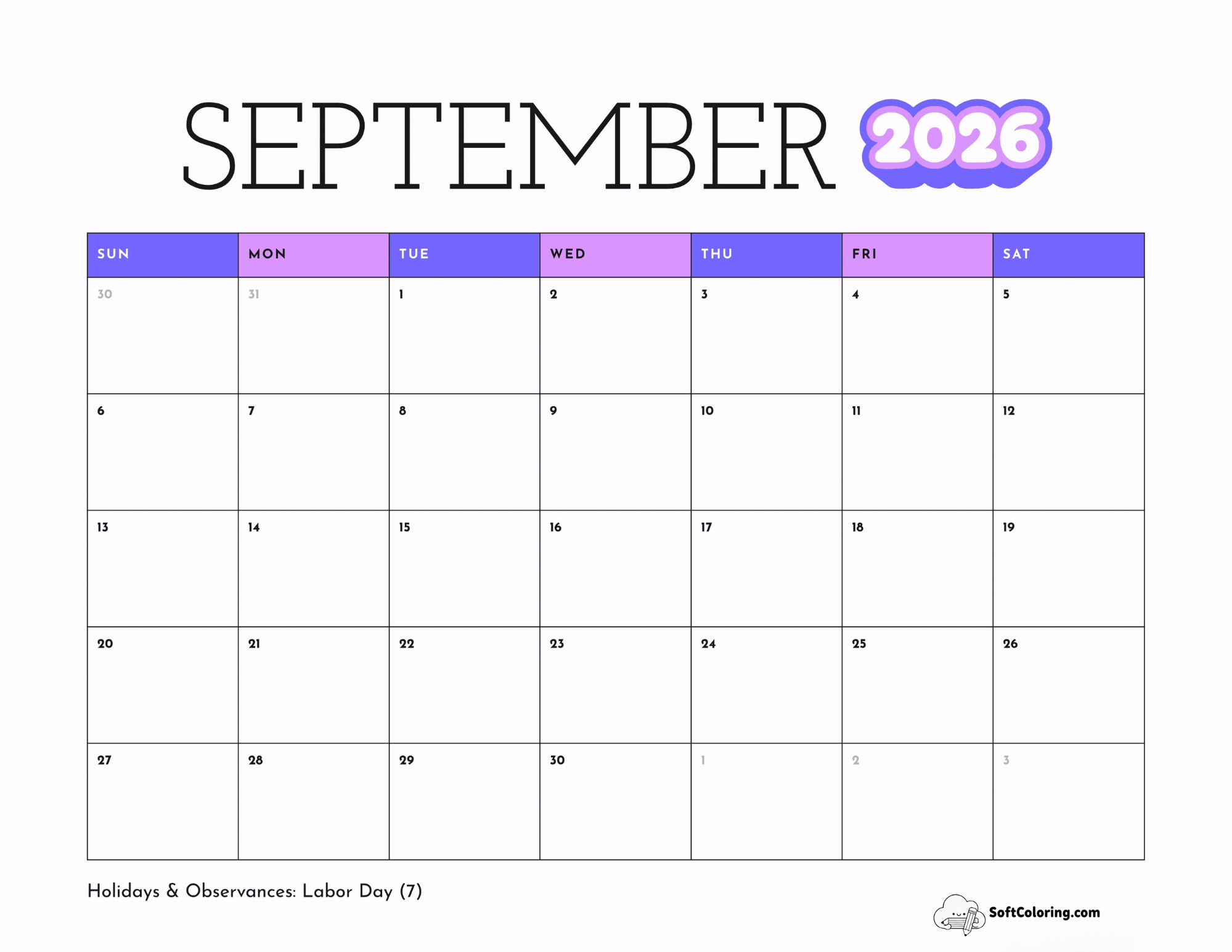Neon Purple Simple September Monthly Printable Calendar 2026