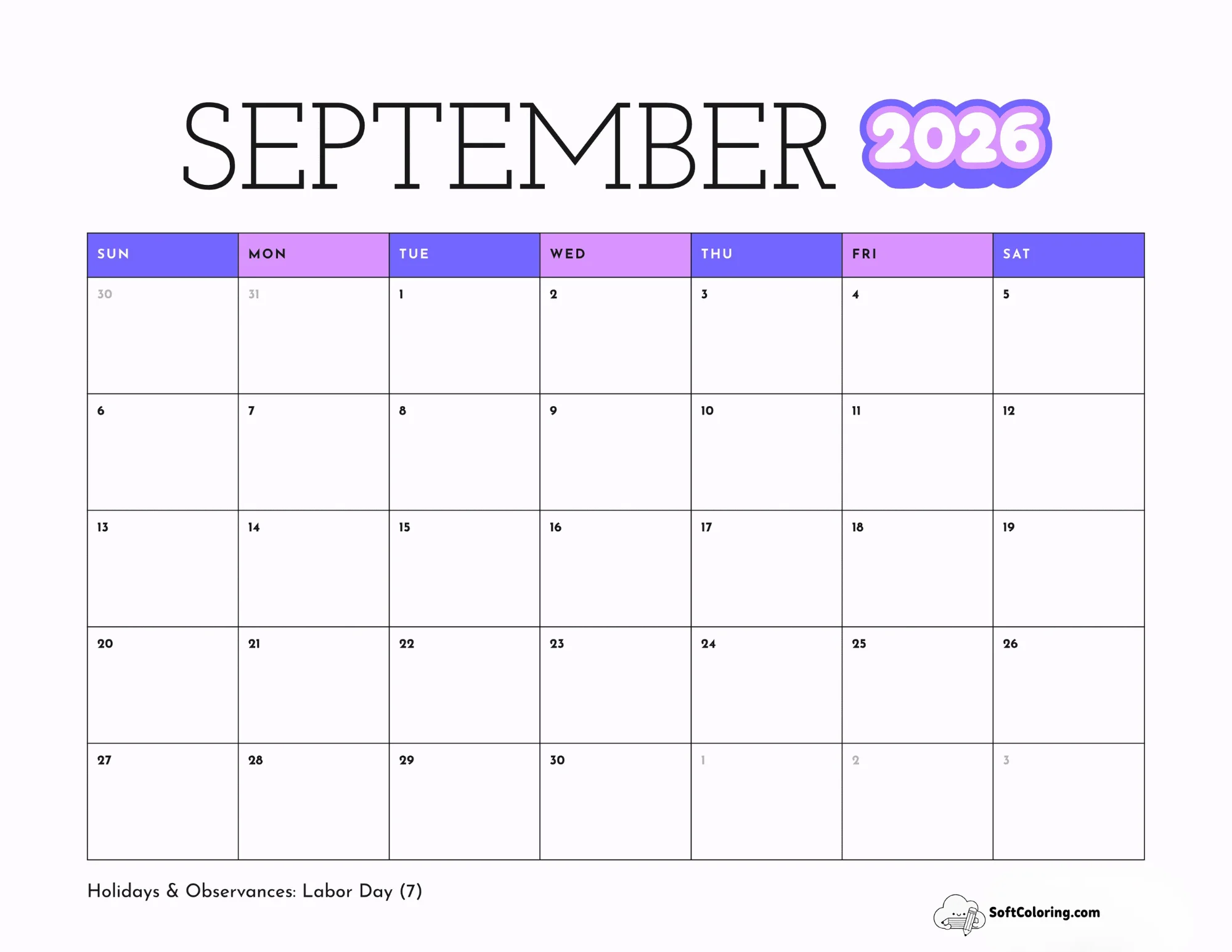 Neon Purple Simple September Monthly Printable Calendar 2026