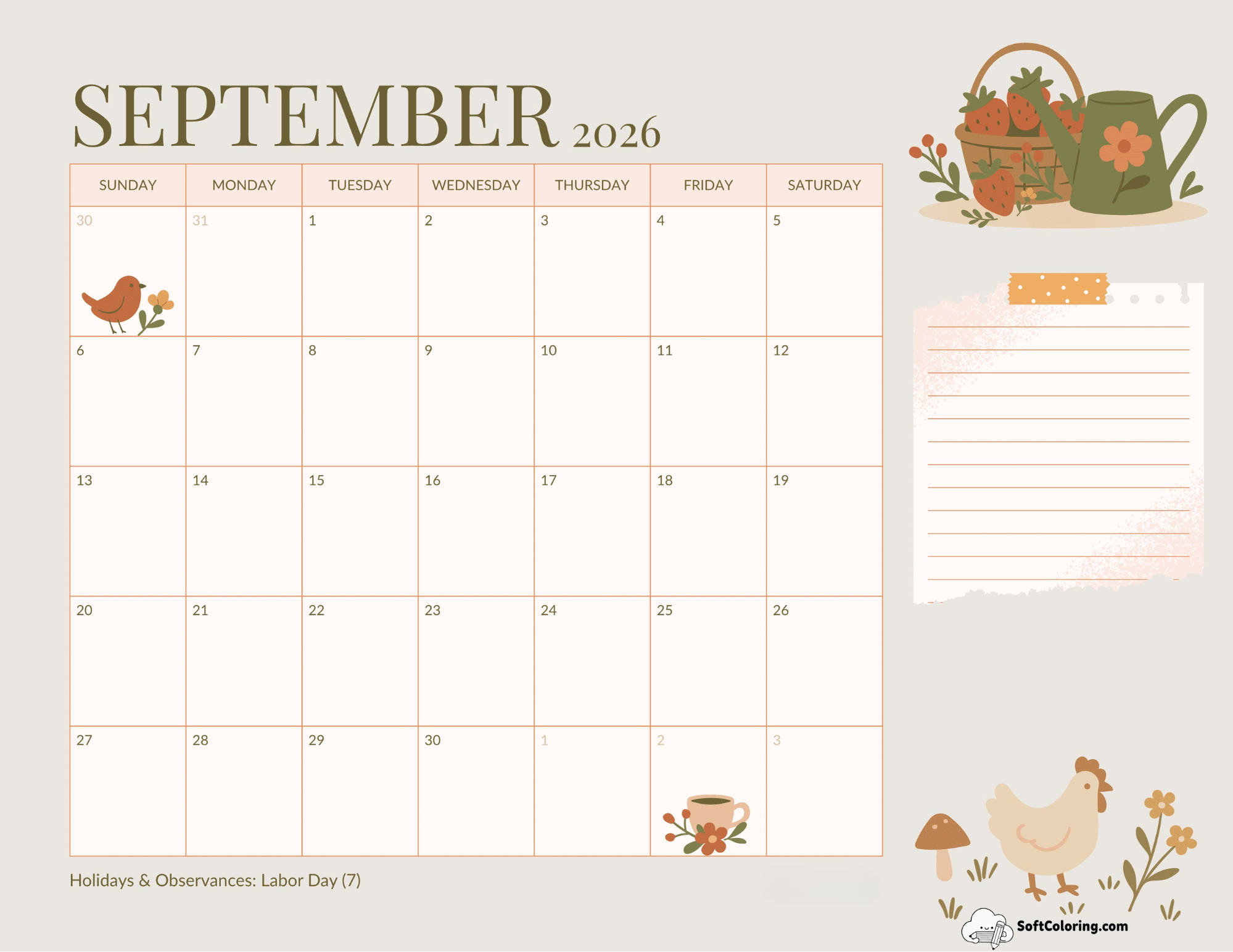 Cute Cottage Animals September 2026 Calendar Printable