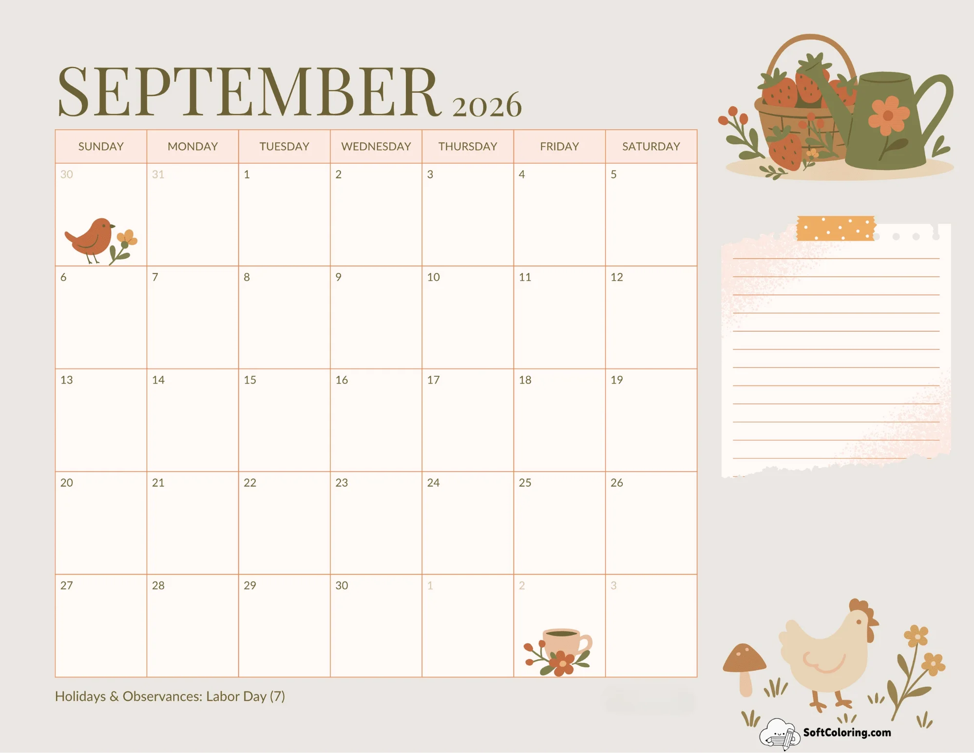 Cute Cottage Animals September 2026 Calendar Printable