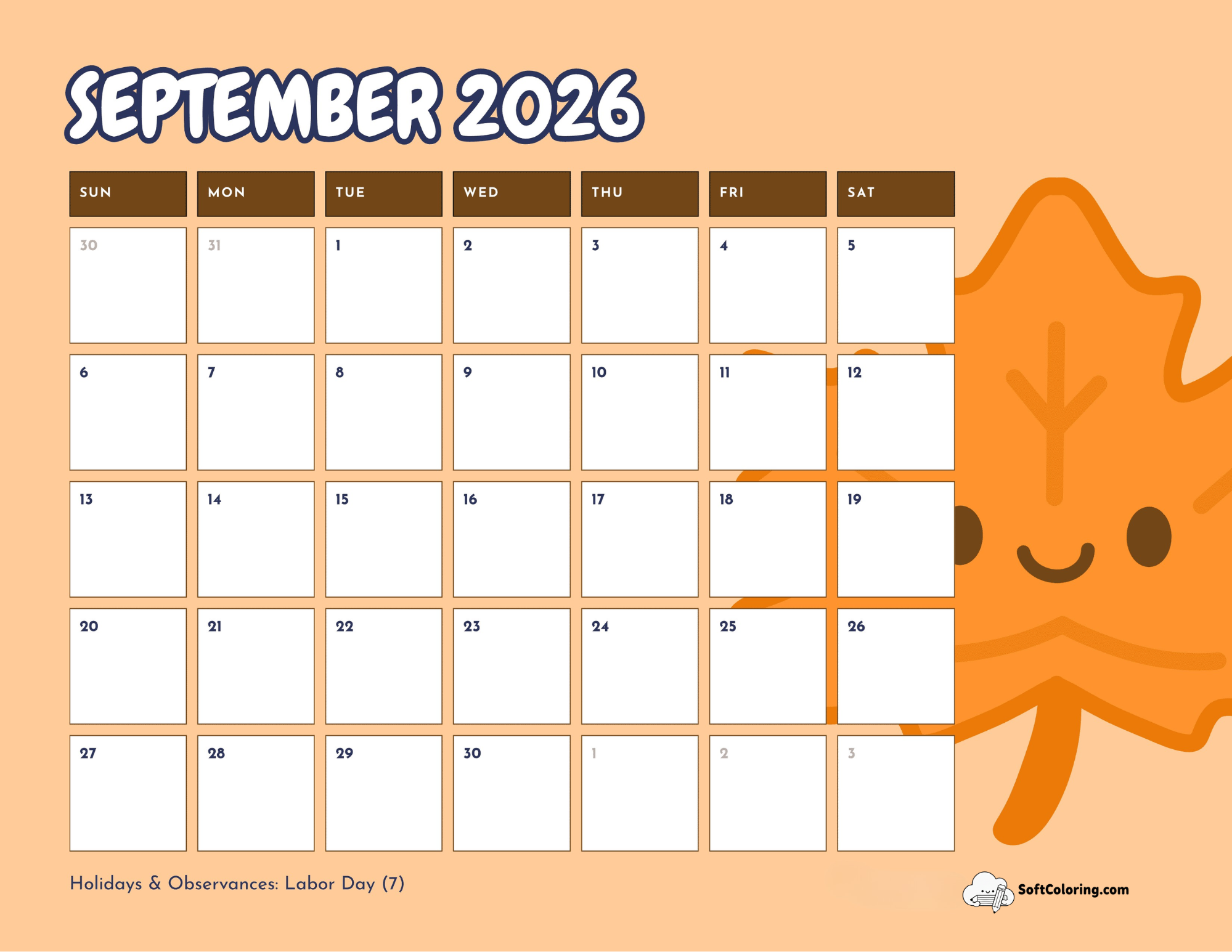 Cute Leaf September 2026 Printable Calendar
