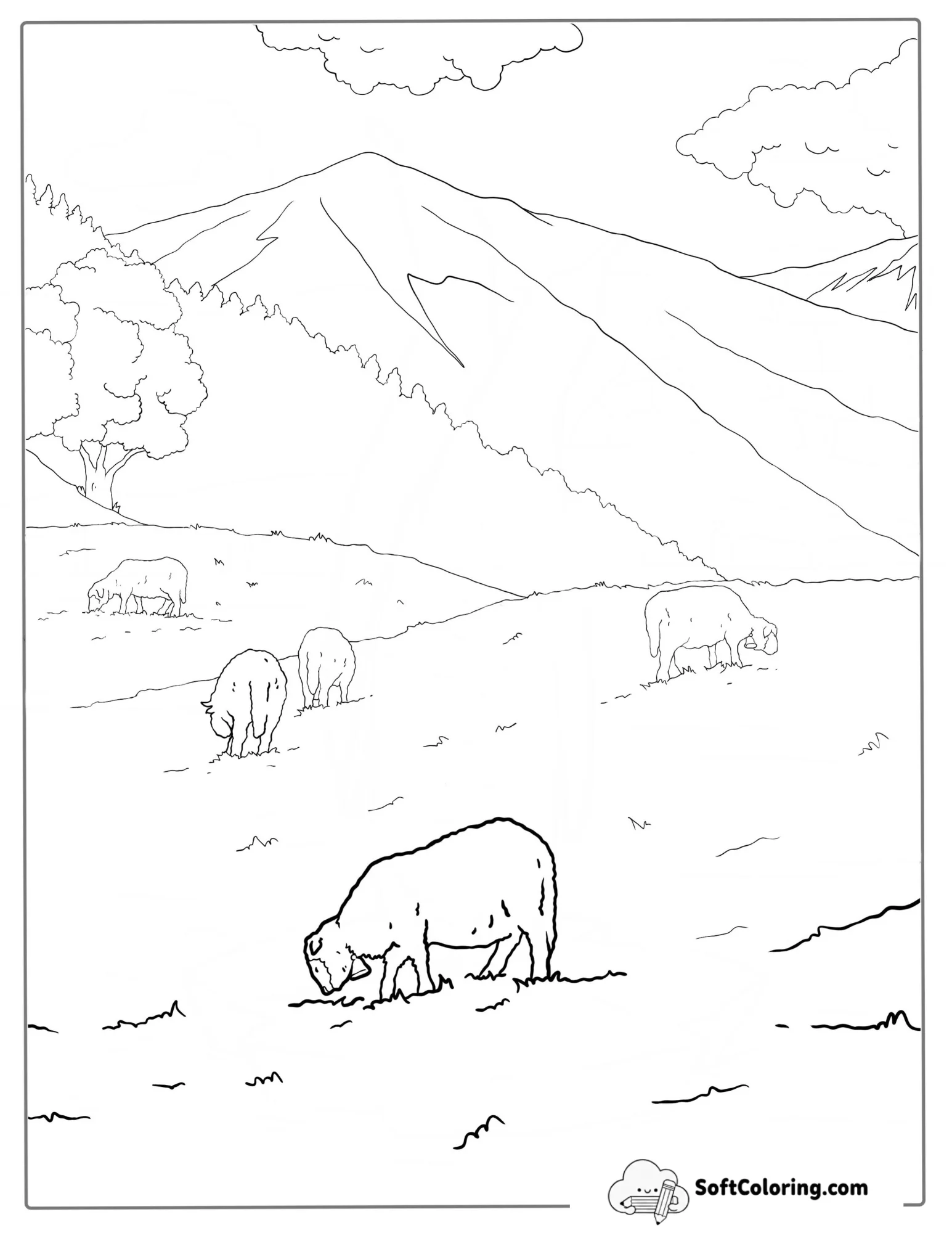 Sheep Grazing On A Farm Coloring Page