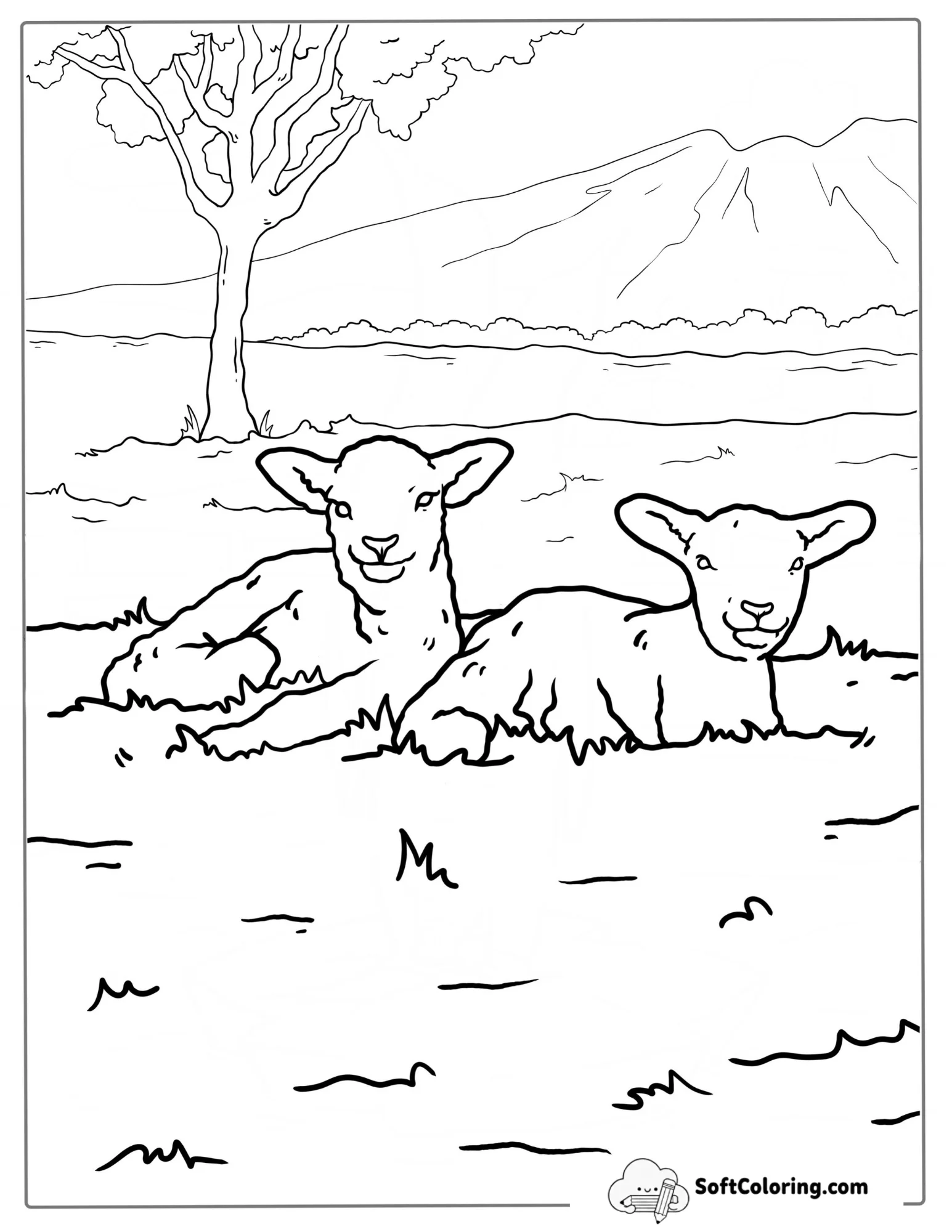Two Cute Lambs Resting On Grass To Color