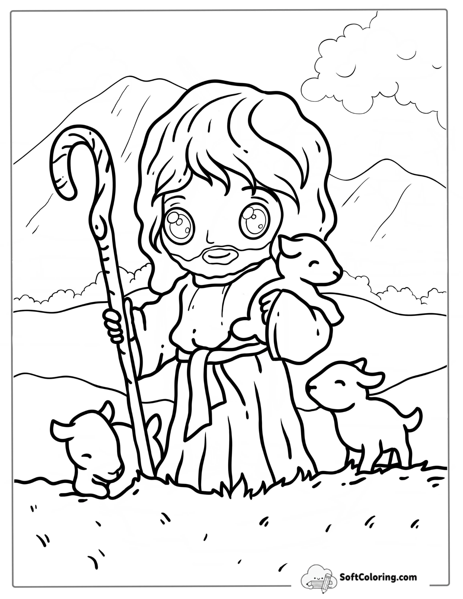 Easy Cute Cartoon Jesus With Lambs Coloring In