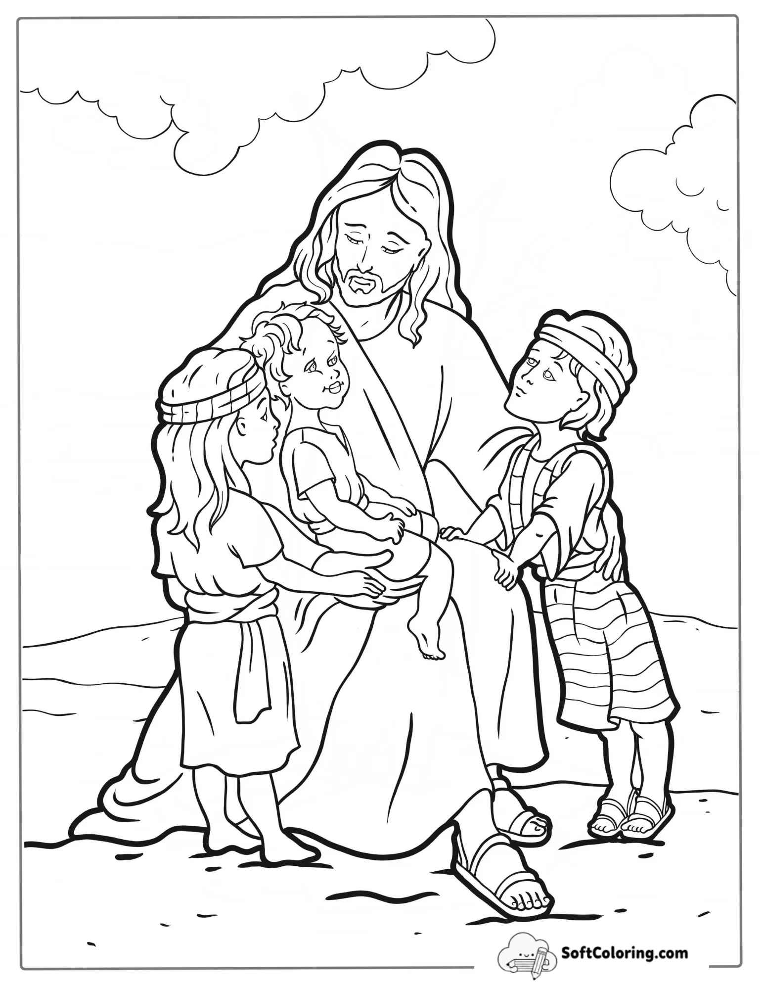 Jesus Comforting Children Coloring Sheet