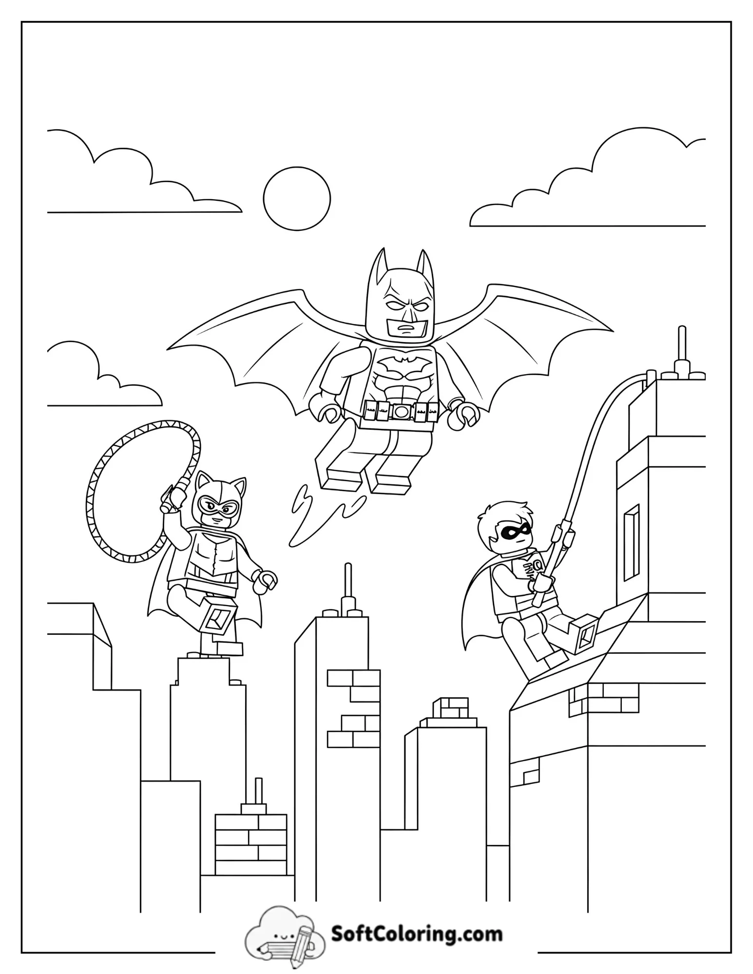 Lego Batman Flying, Catwoman Swinging, And Robin Climbing