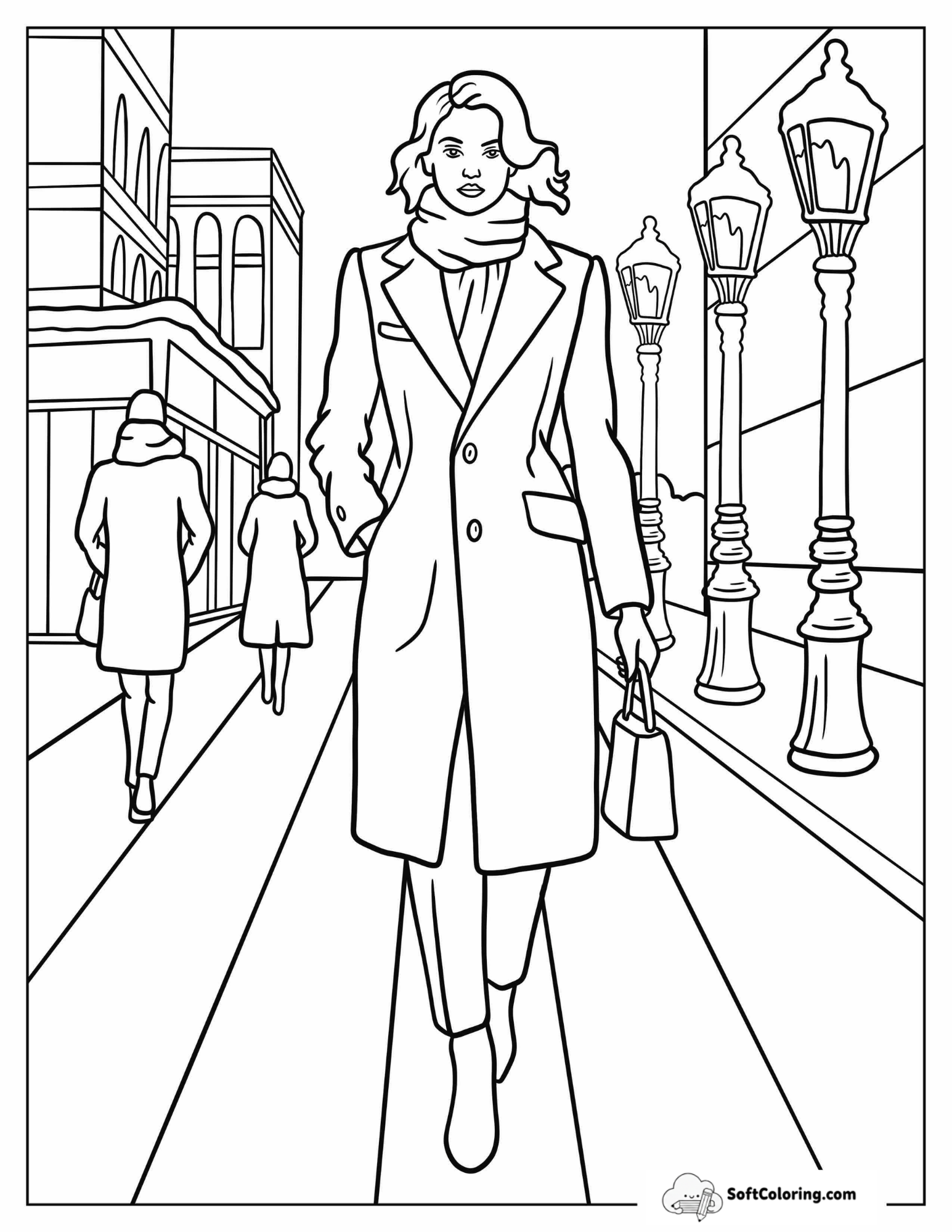 Chic Woman In Long Winter Coat Walking Through A City