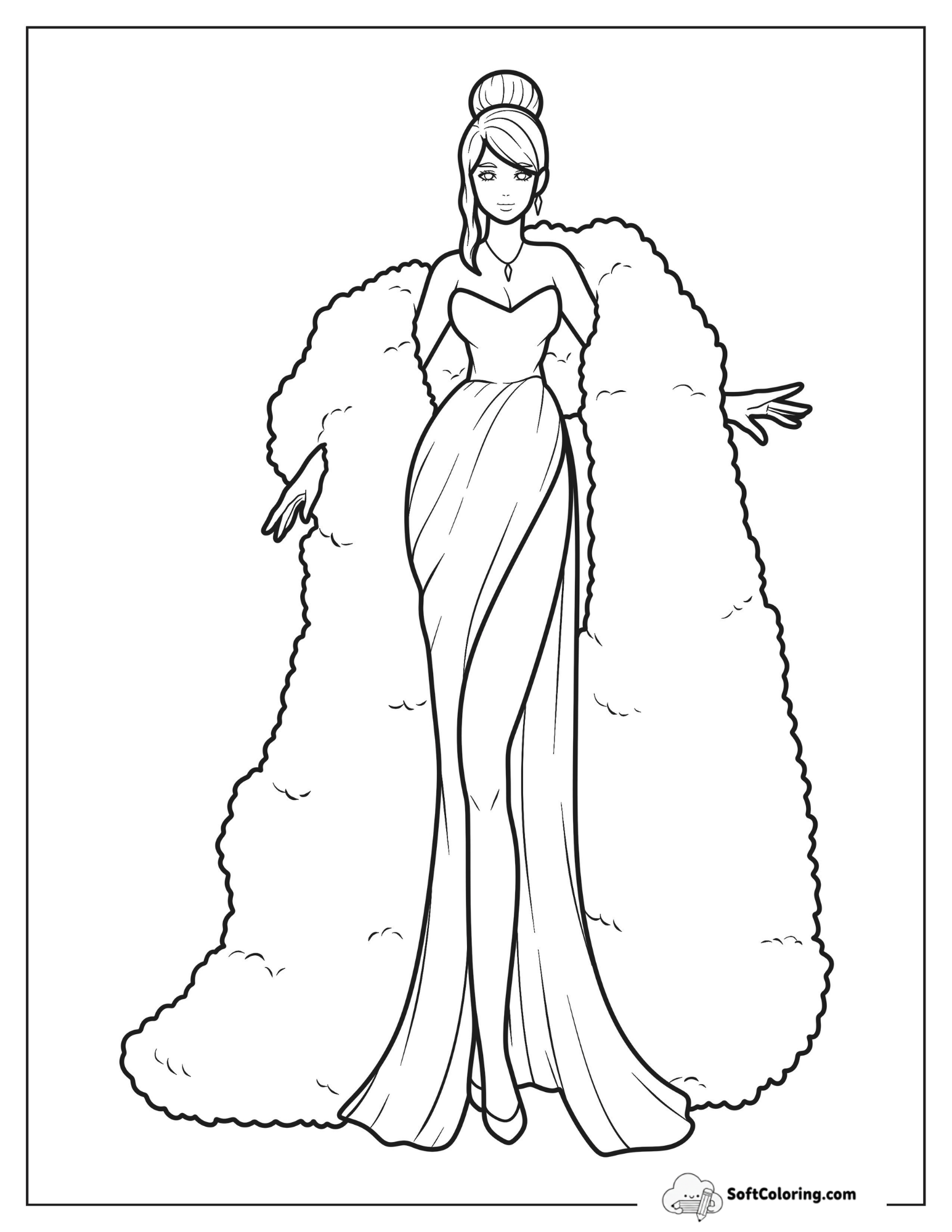 Fashionable Woman Wearing Gown With High Slit And Fur Shawl