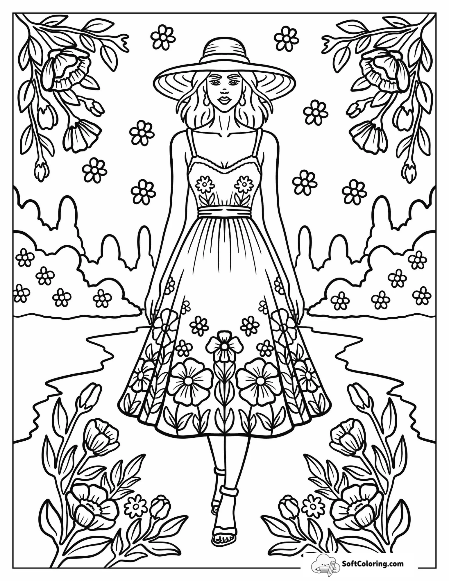 Graceful Lady In A Floral Sundress And Wide Brimmed Hat