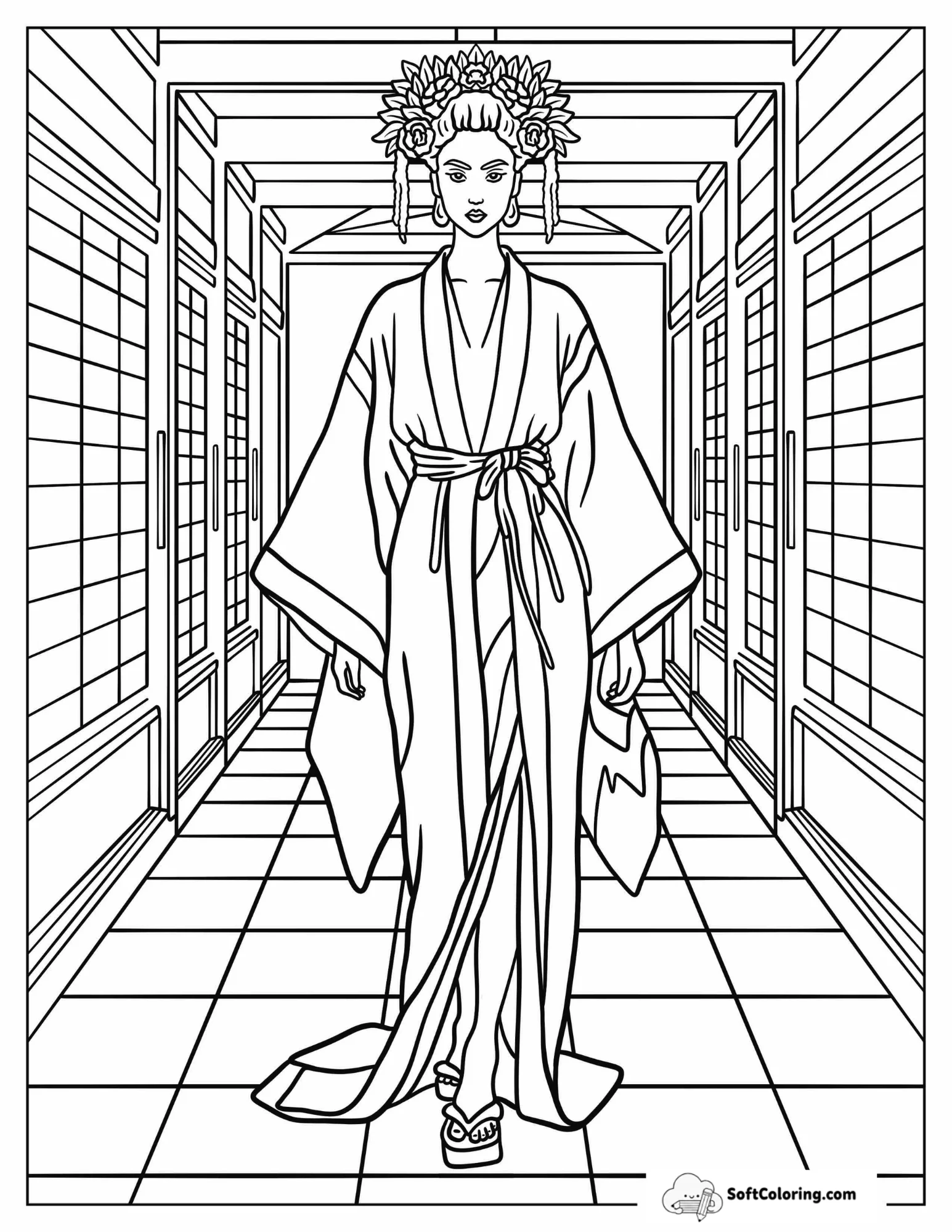 Japanese Woman In Kimono With Flowing Sleeves And Ornate Floral Headdress