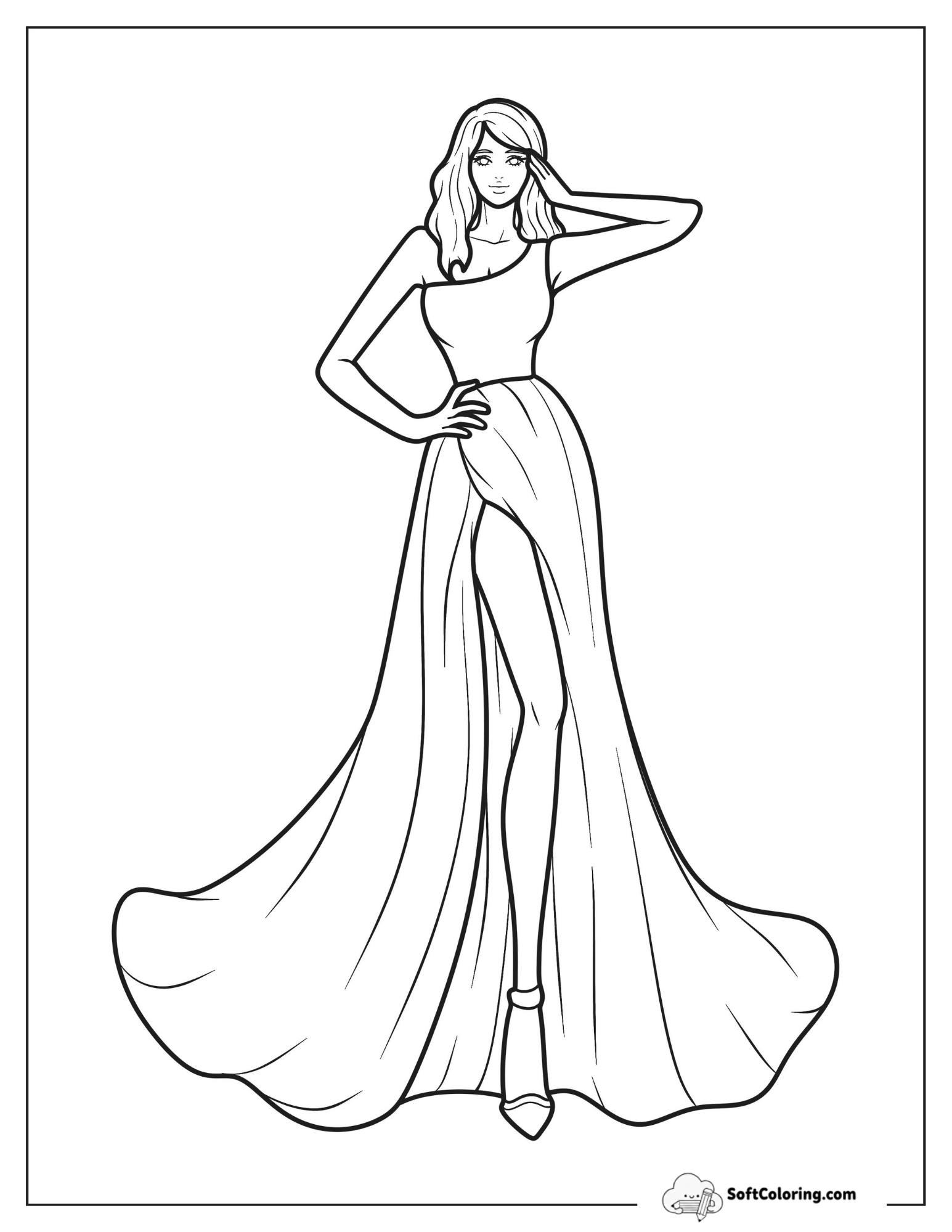 Model In One Shoulder Top And High Slit Skirt