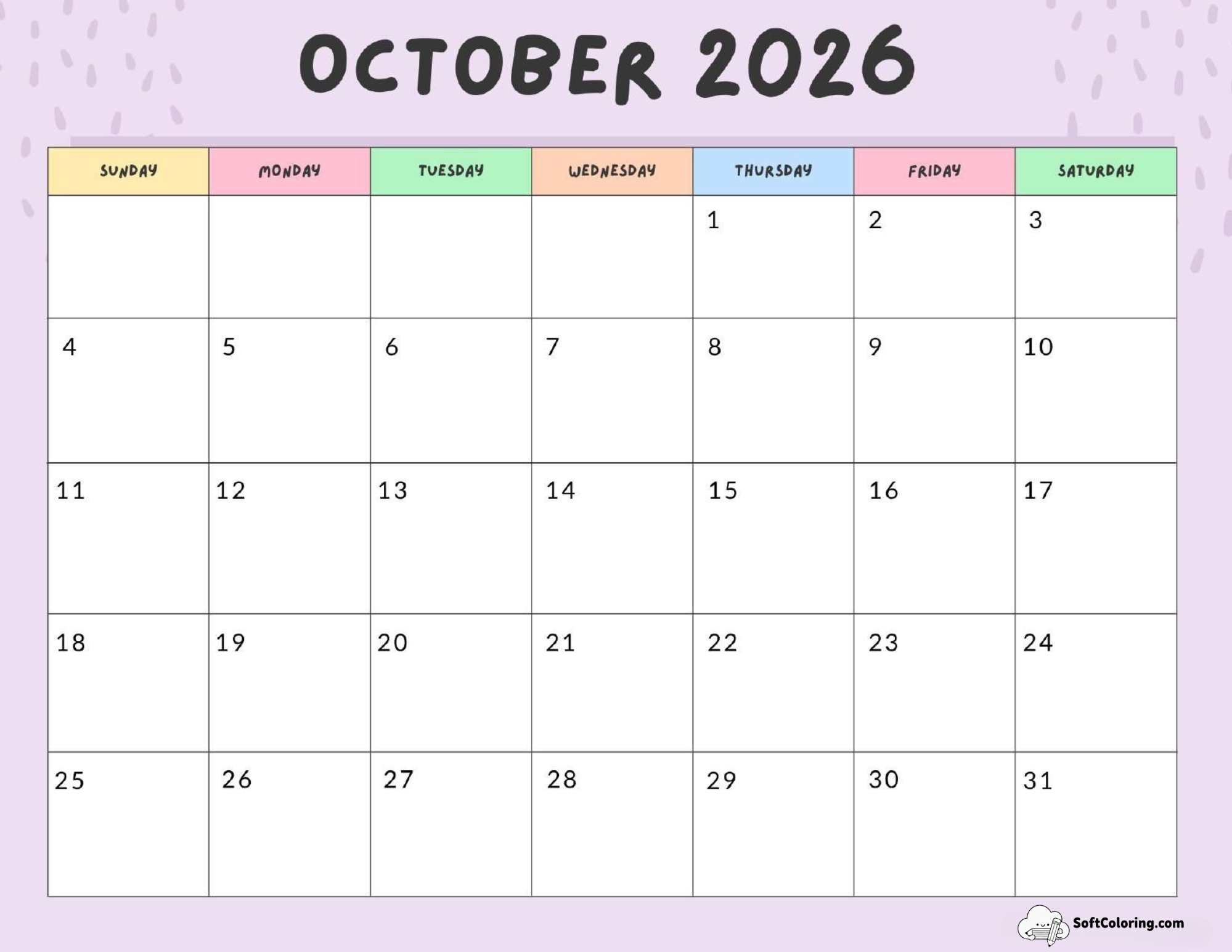 October 2026 Calendar Printable Colorful Landscape V2