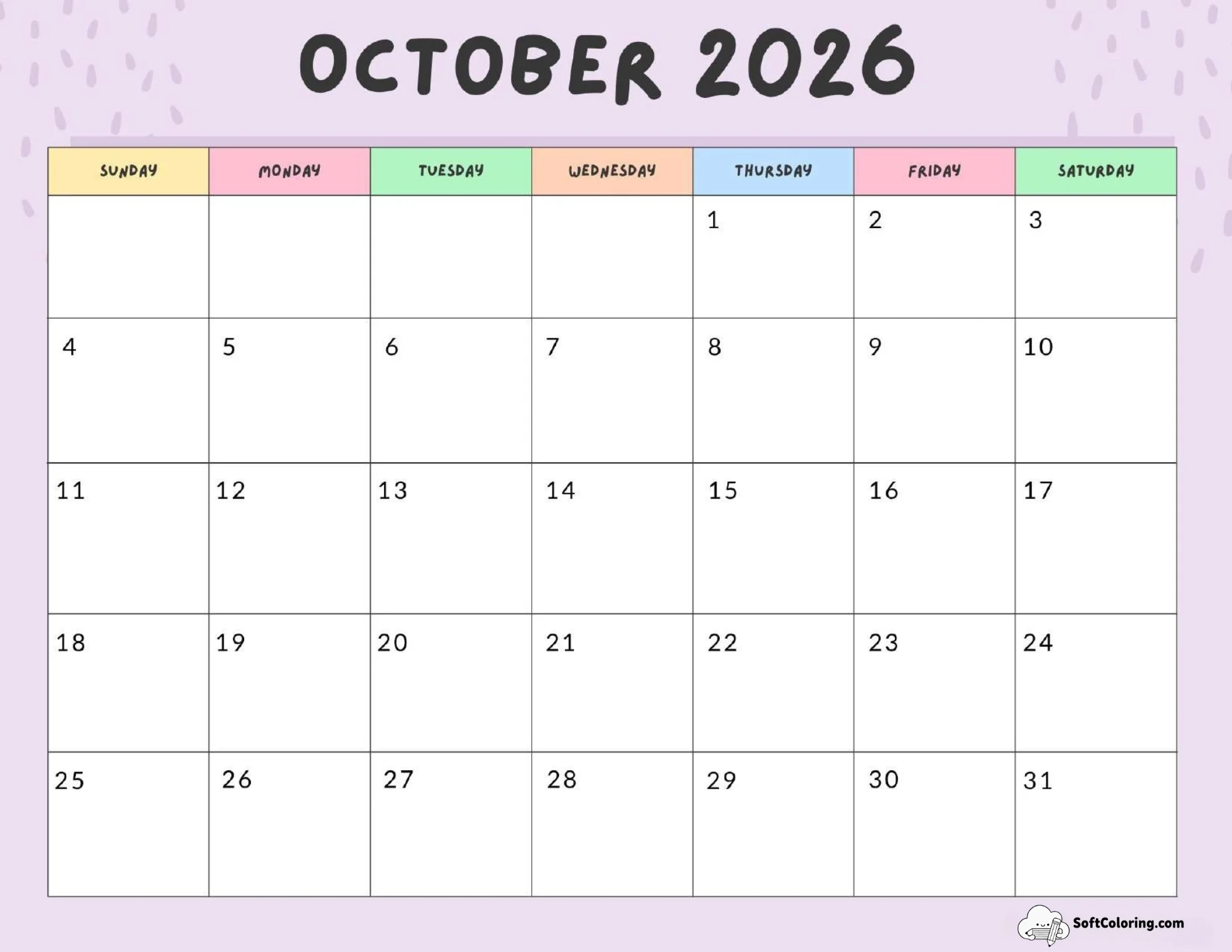October 2026 Calendar Printable Colorful Landscape V2