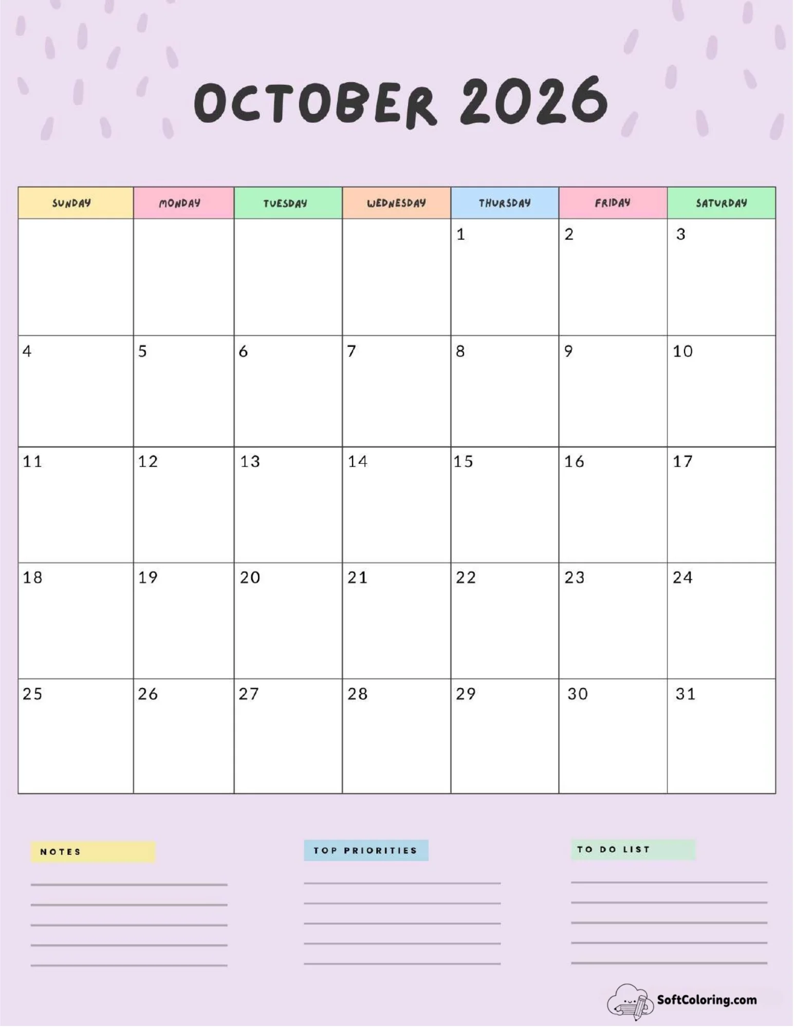October 2026 Calendar Printable Colorful Portrait V2