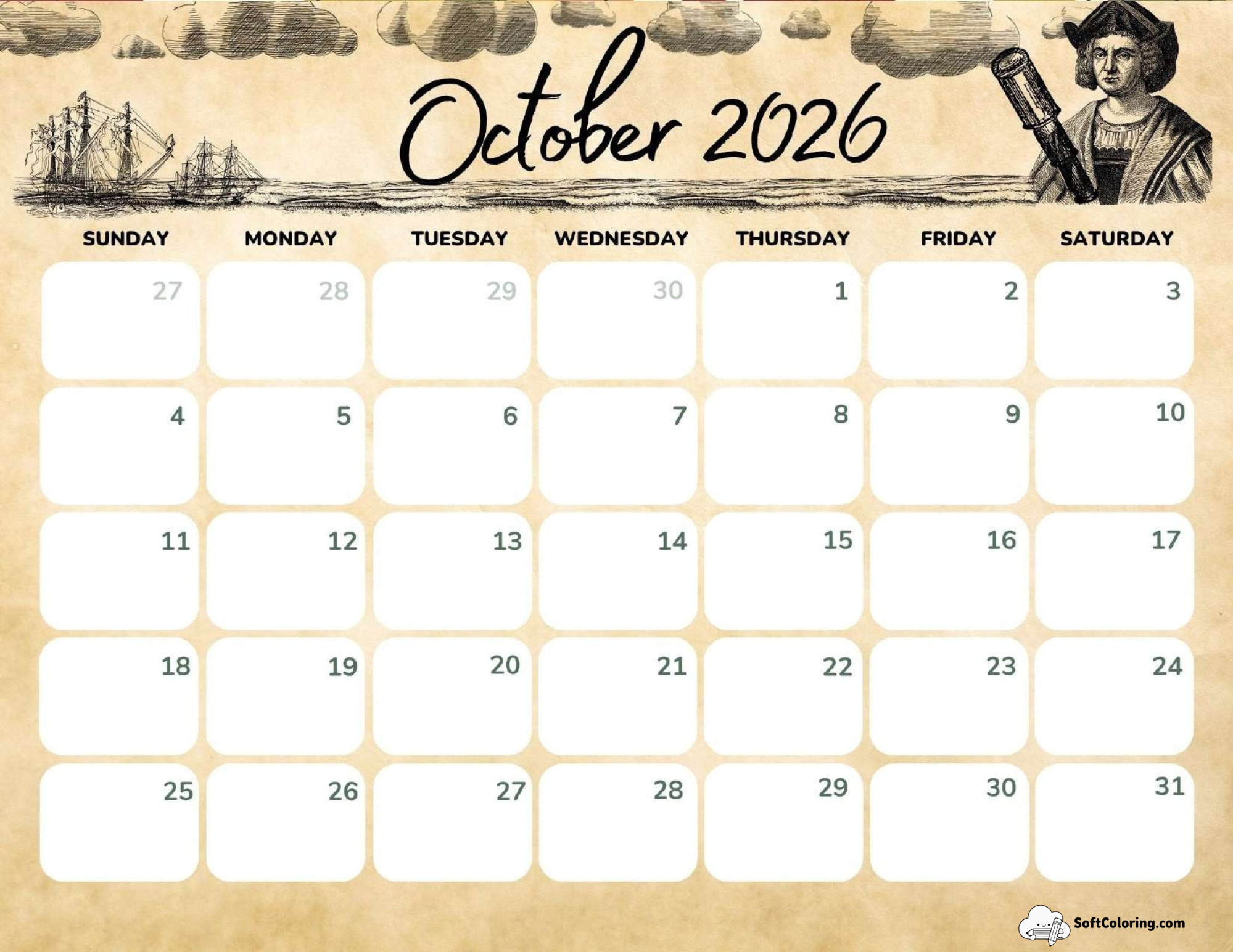 October 2026 Calendar Printable Columbus Day Landscape V3