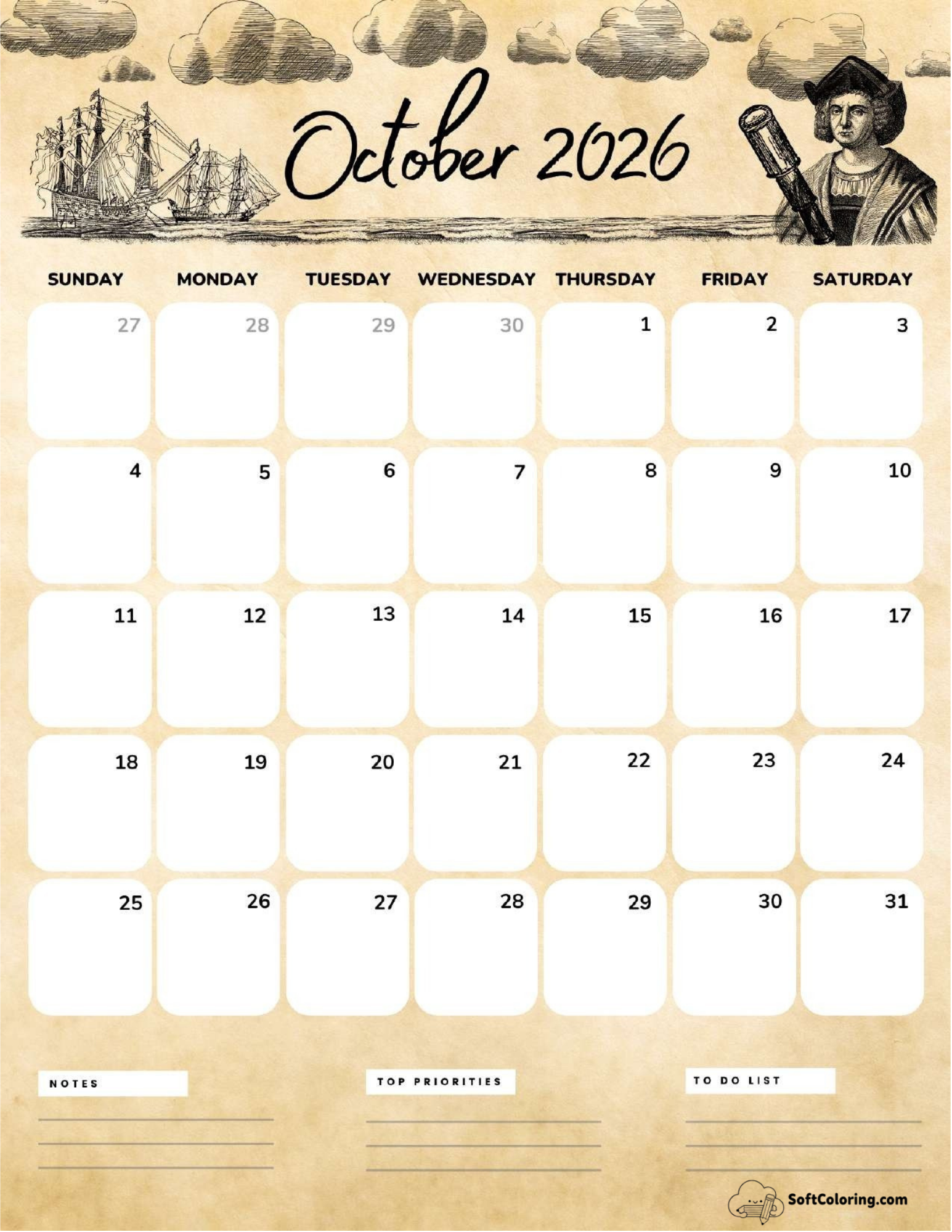 October 2026 Calendar Printable Columbus Day Portrait V2