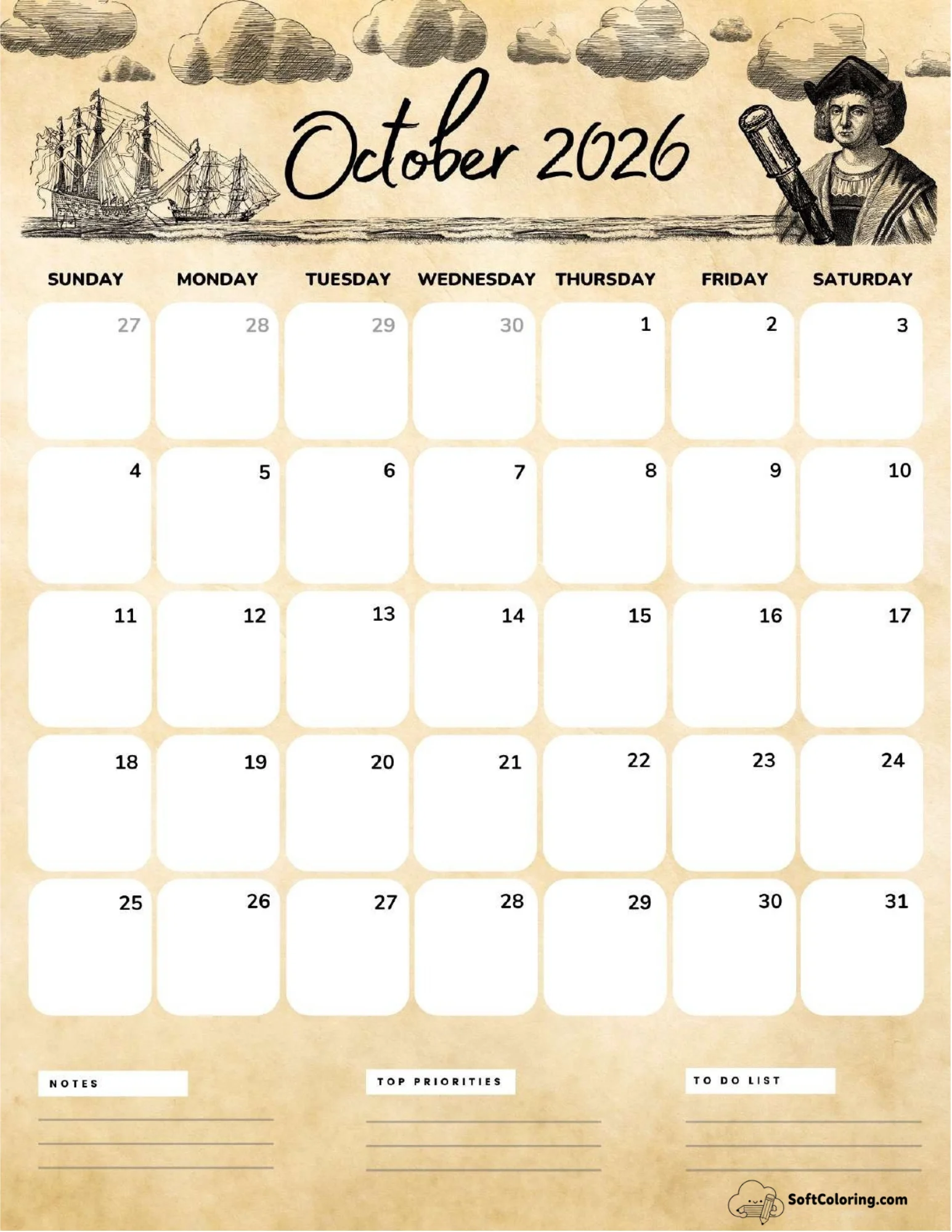 October 2026 Calendar Printable Columbus Day Portrait V2