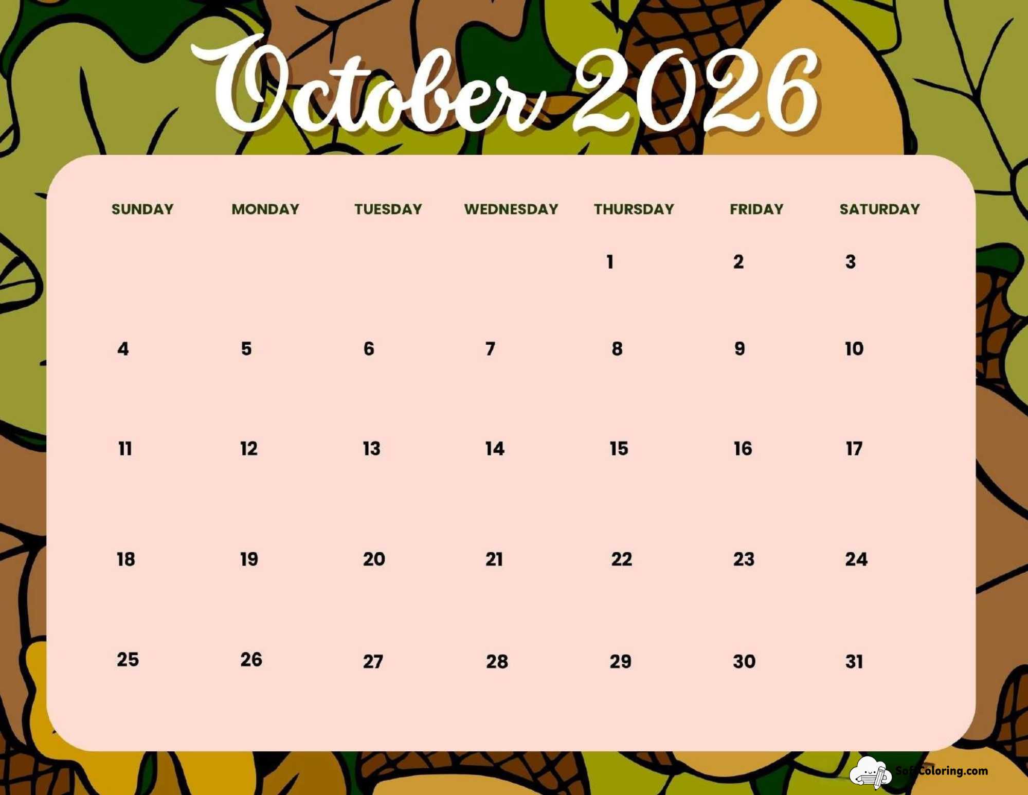 October 2026 Calendar Printable Earthy Landscape V3