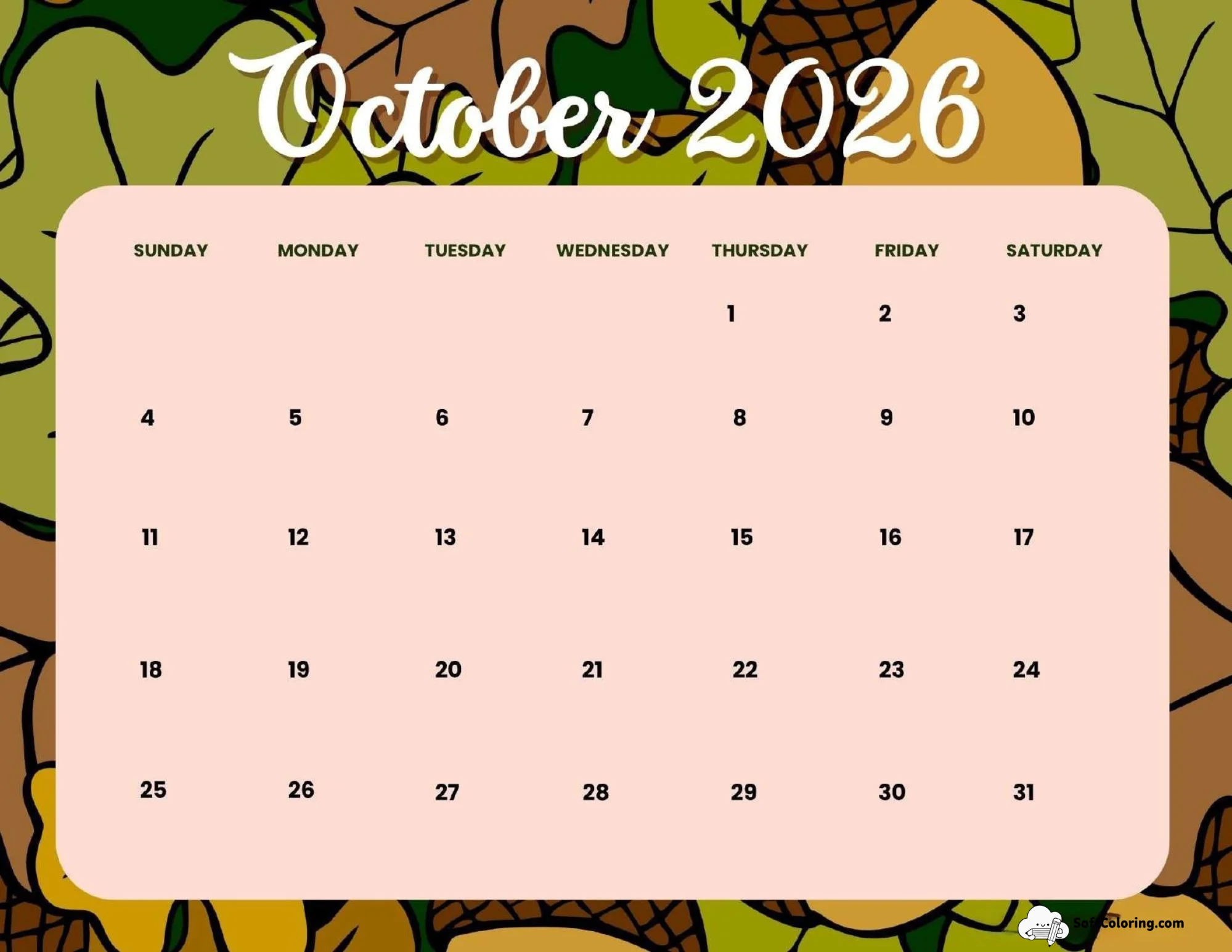 October 2026 Calendar Printable Earthy Landscape V3