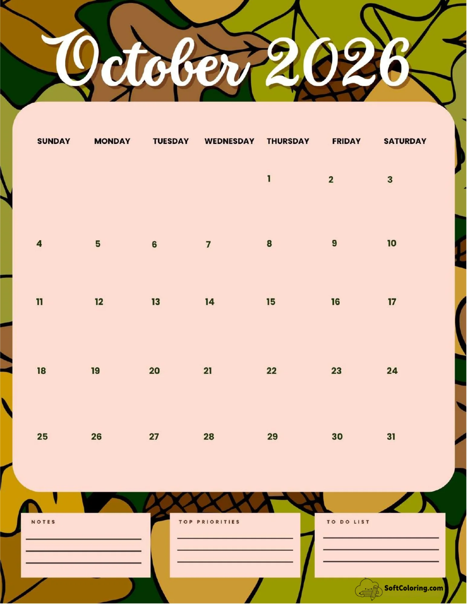 October 2026 Calendar Printable Earthy Portrait V2