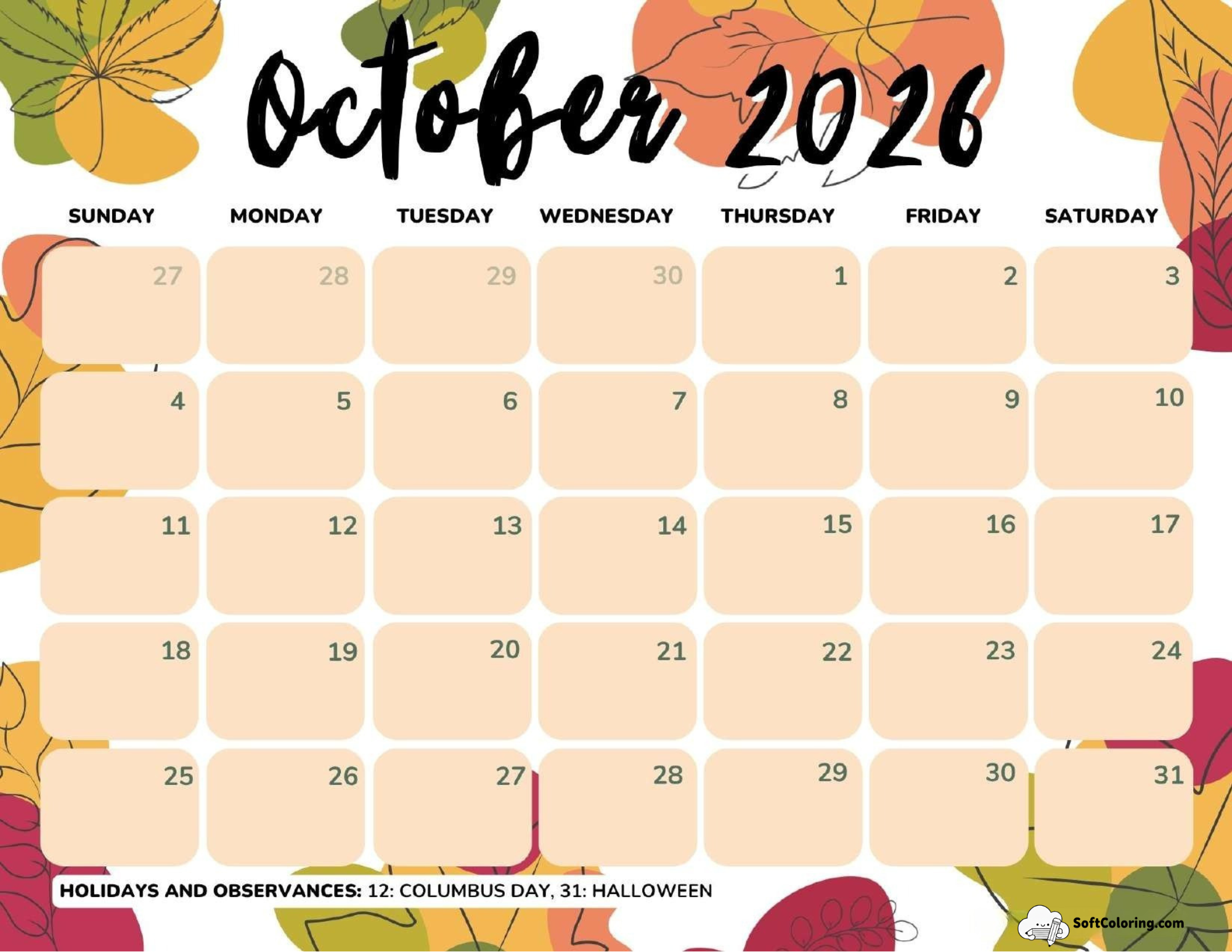 October 2026 Calendar Printable Fall Landscape V3