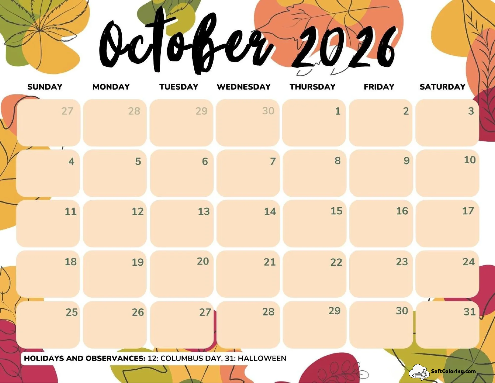 October 2026 Calendar Printable Fall Landscape V3