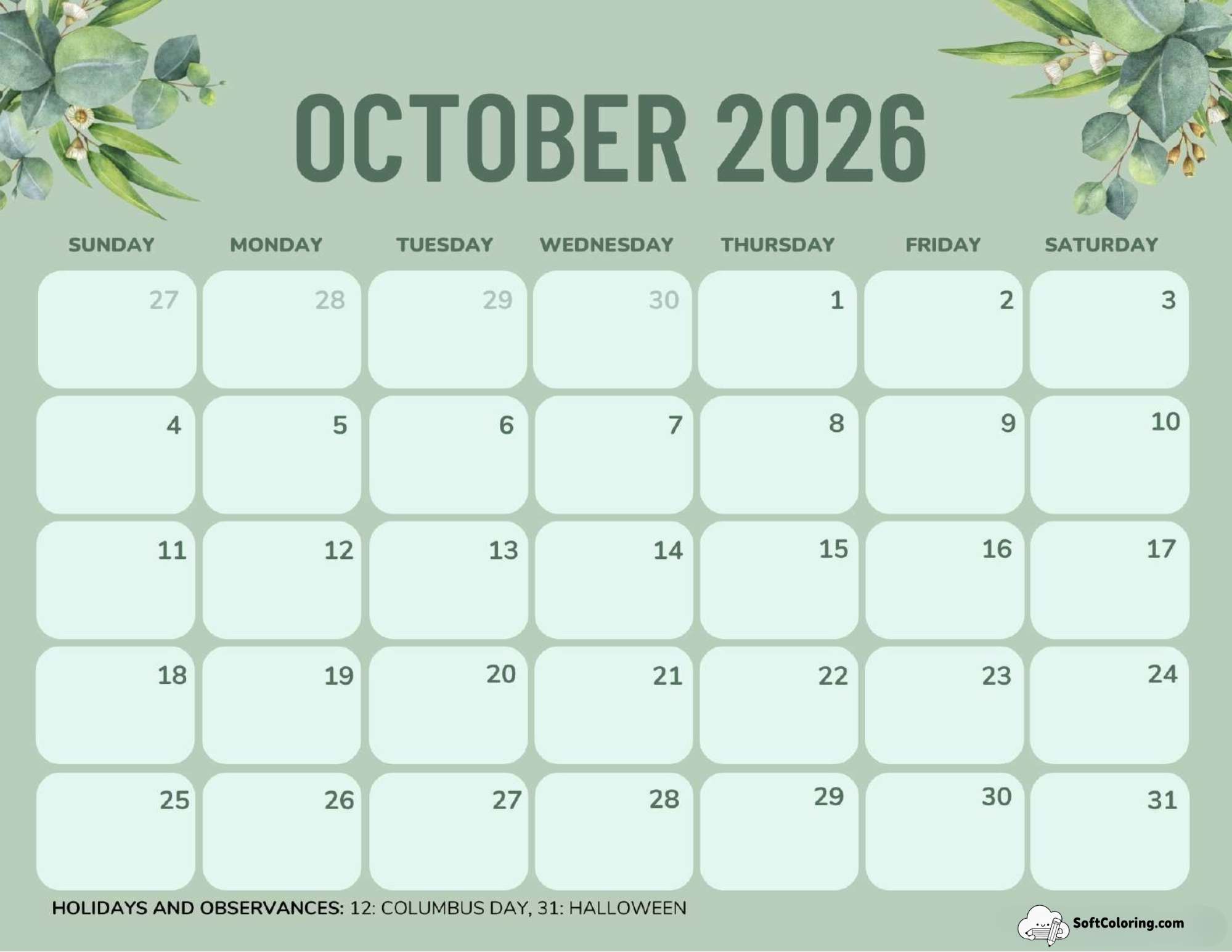 October 2026 Calendar Printable Green Landscape V2