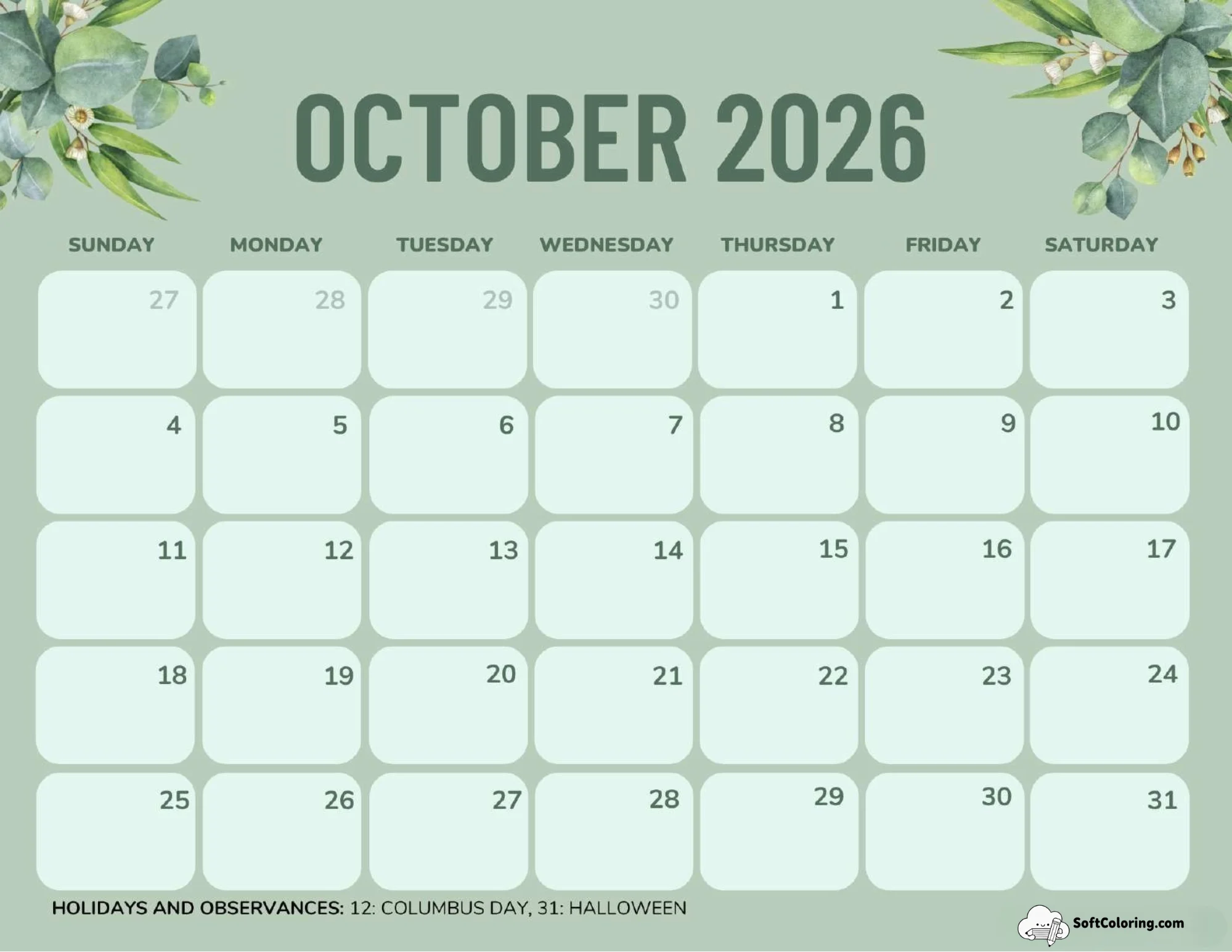 October 2026 Calendar Printable Green Landscape V2