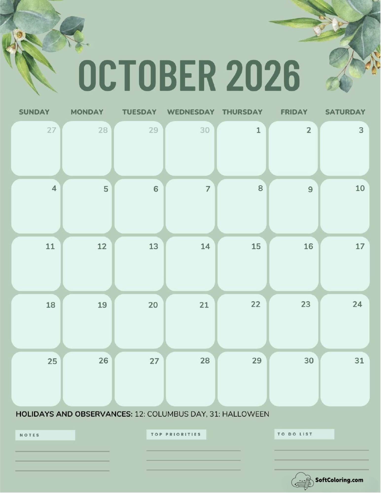 October 2026 Calendar Printable Green Portrait V2