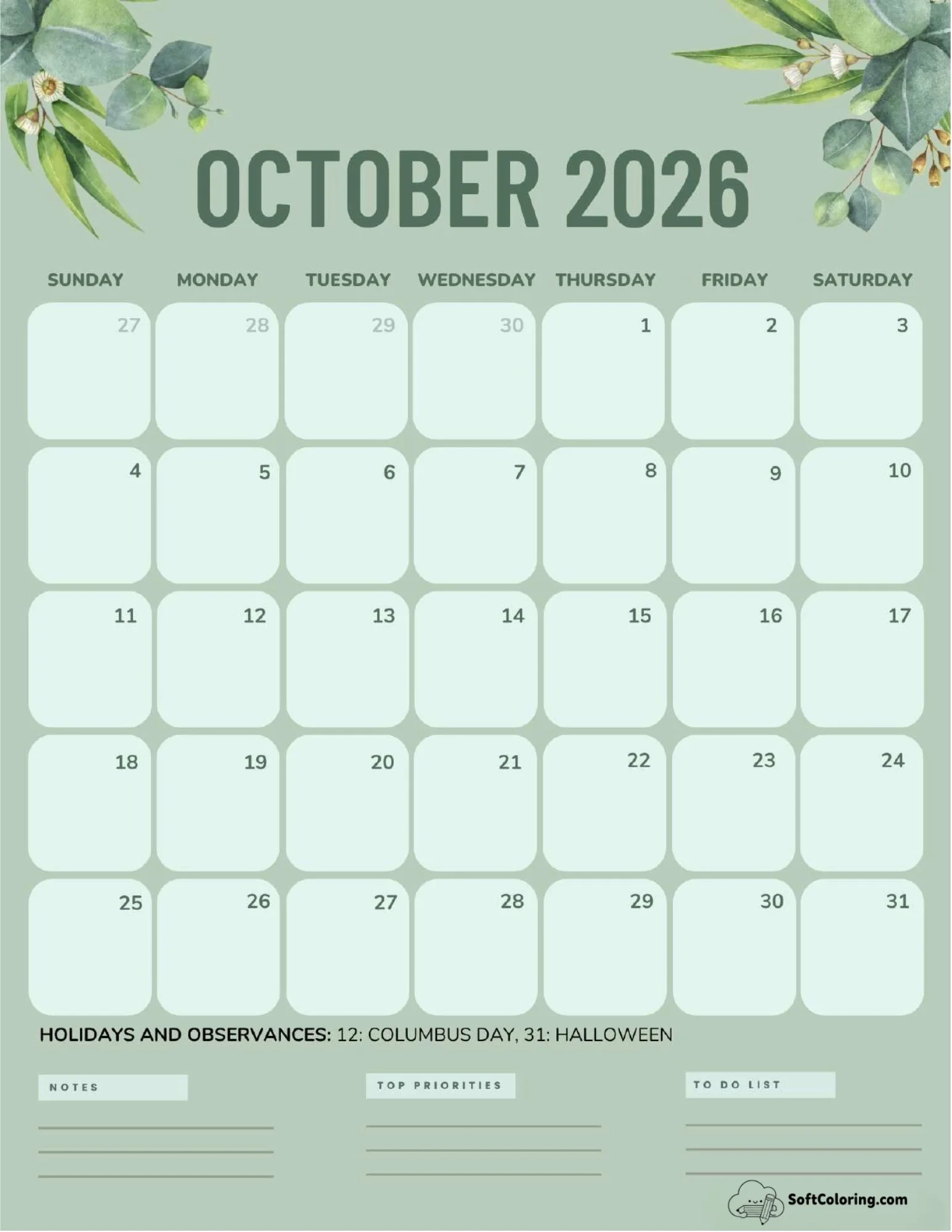October 2026 Calendar Printable Green Portrait V2