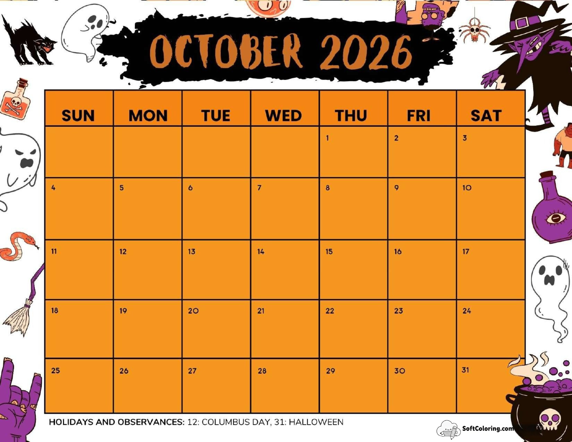 October 2026 Calendar Printable Halloween Landscape V3