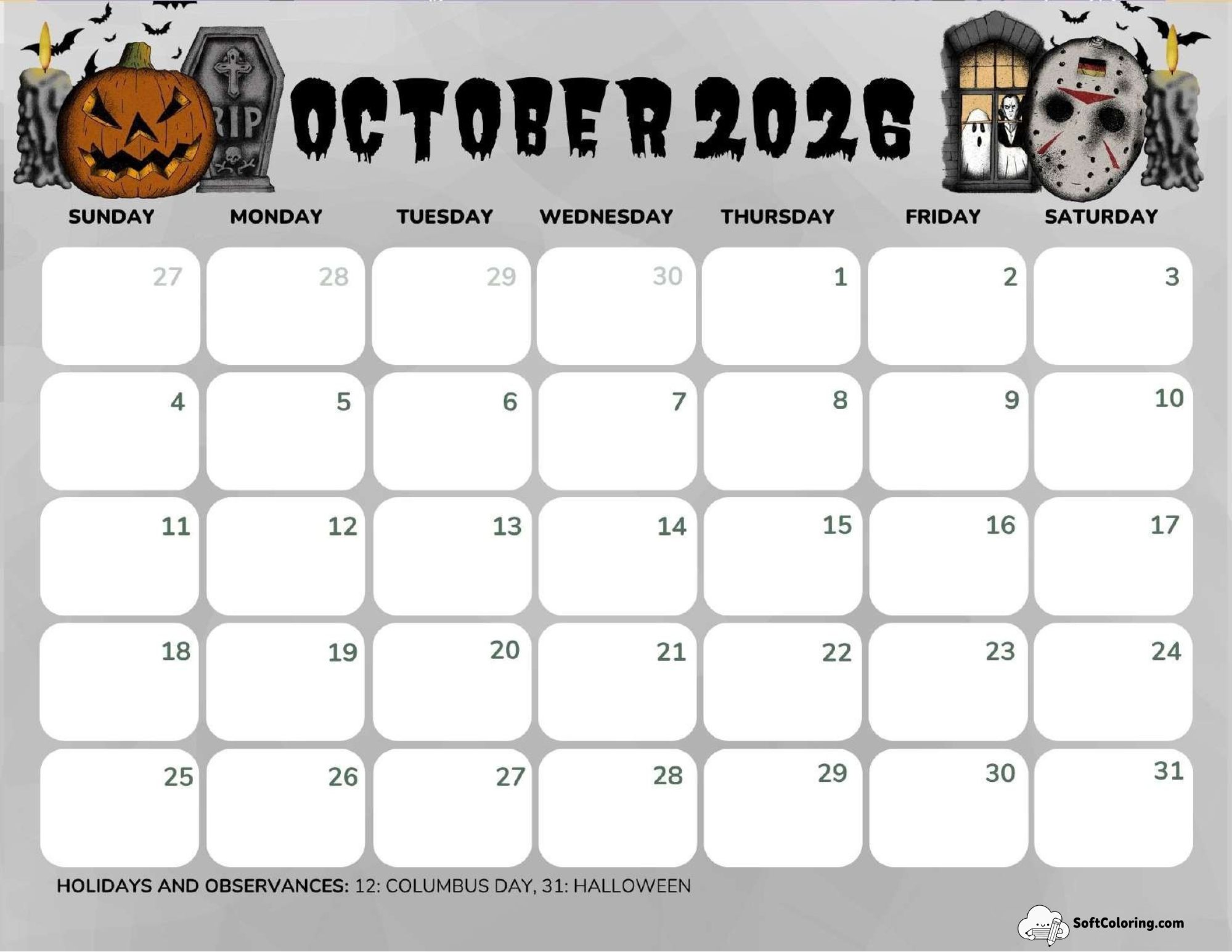 October 2026 Calendar Printable Horror Landscape V3