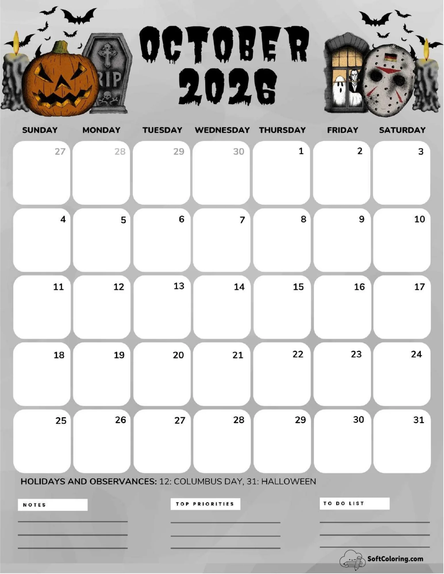 October 2026 Calendar Printable Horror Portrait V2
