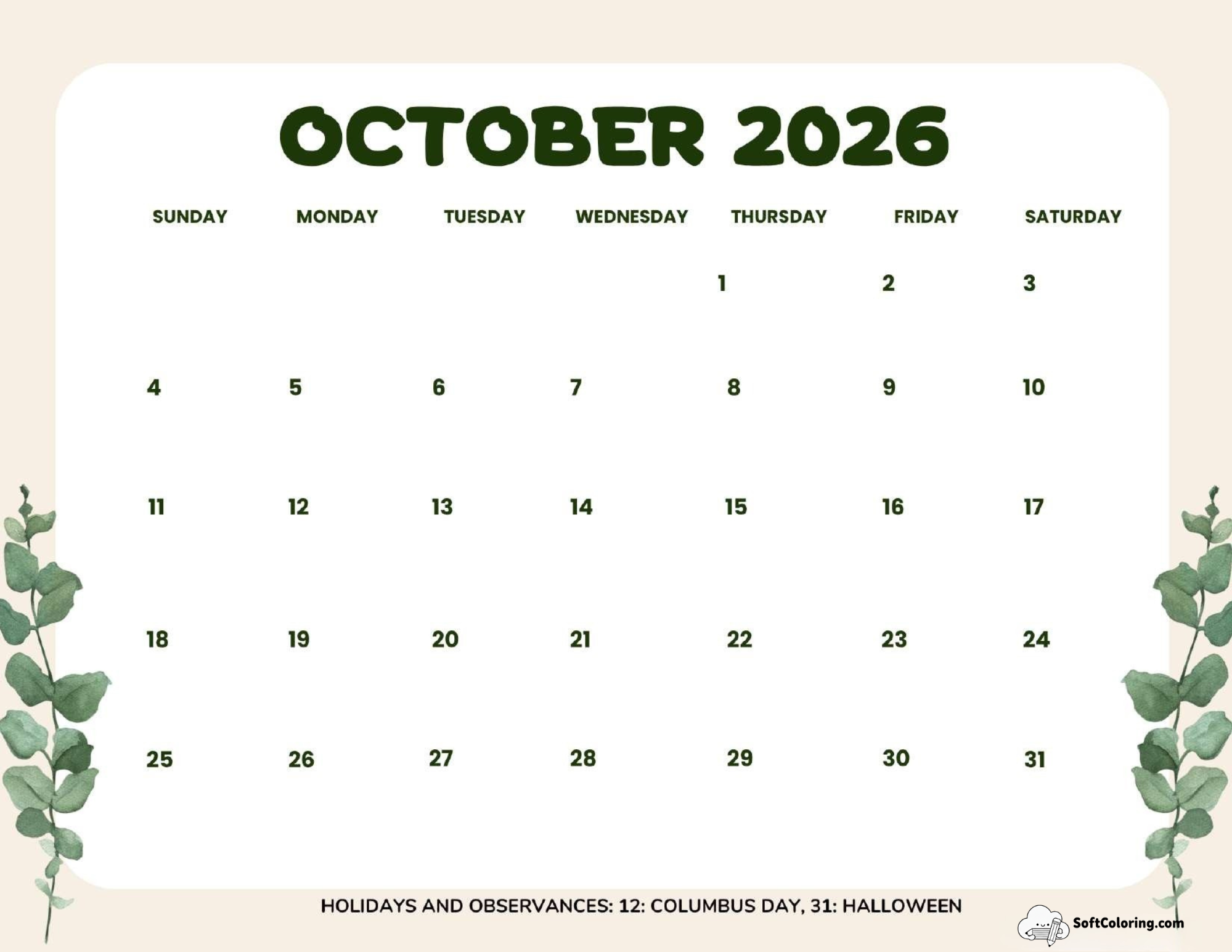 October 2026 Calendar Printable Leaves Landscape V2