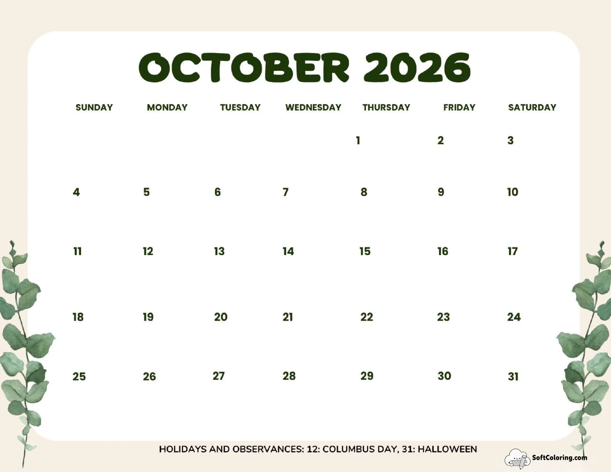 October 2026 Calendar Printable Leaves Landscape V2