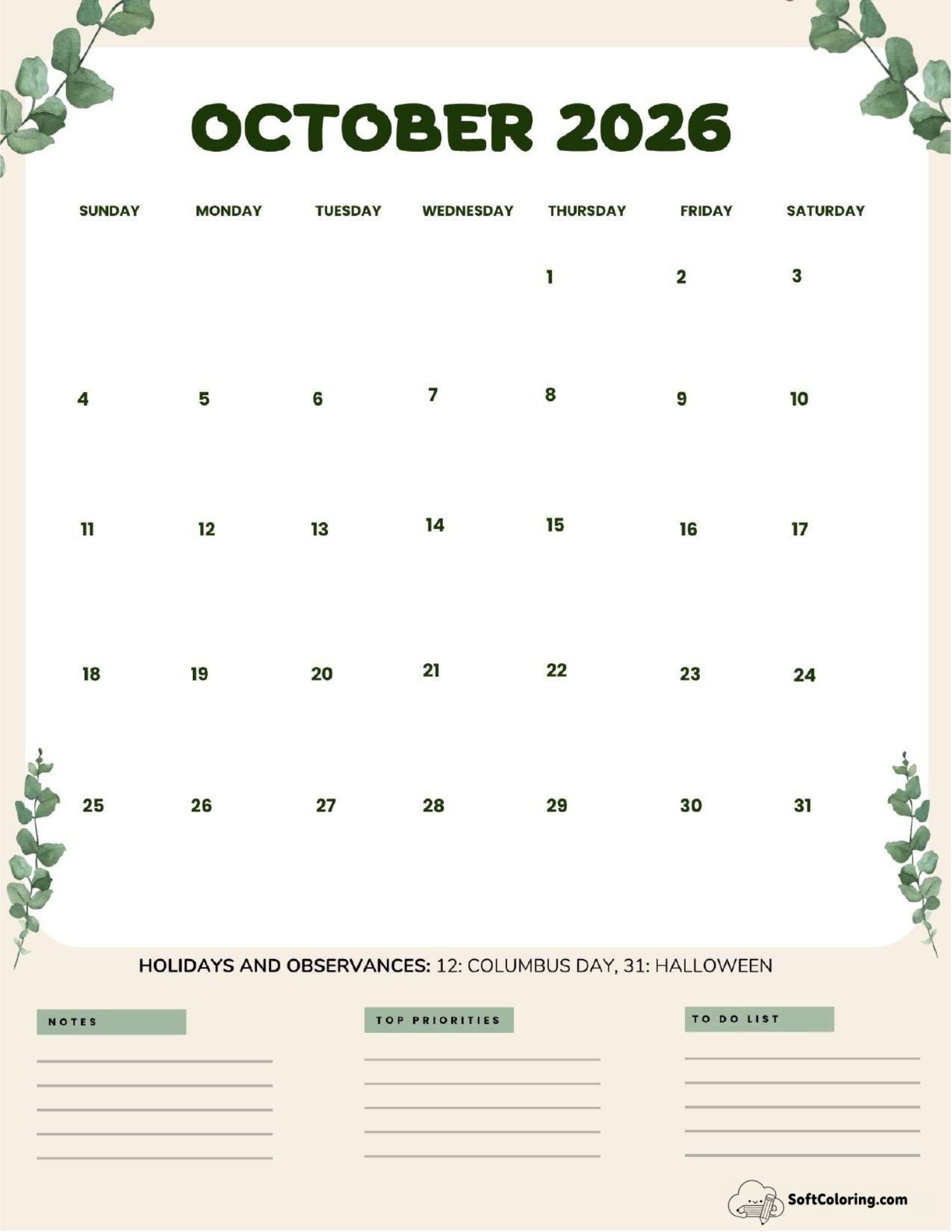 October 2026 Calendar Printable Leaves Portrait V2