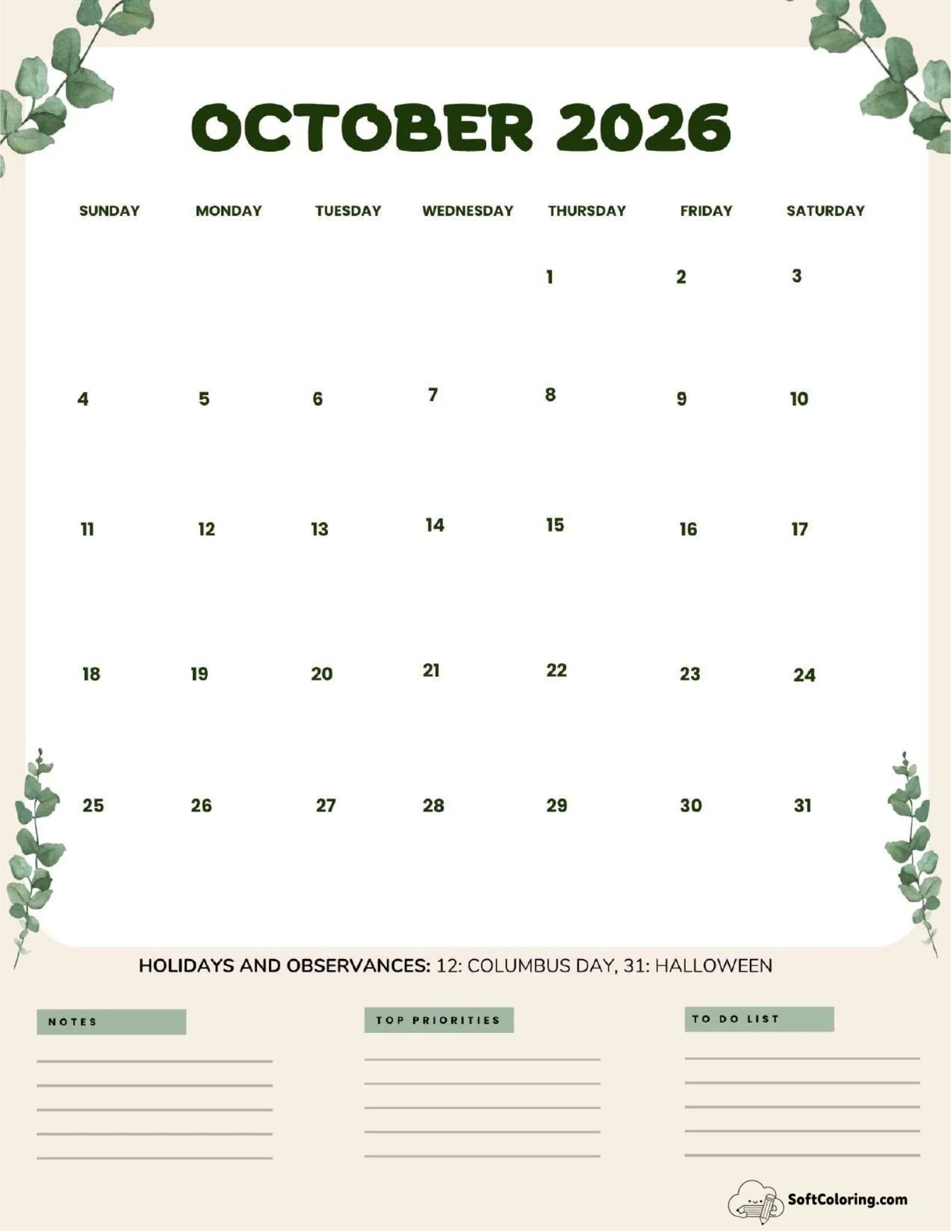 October 2026 Calendar Printable Leaves Portrait V2