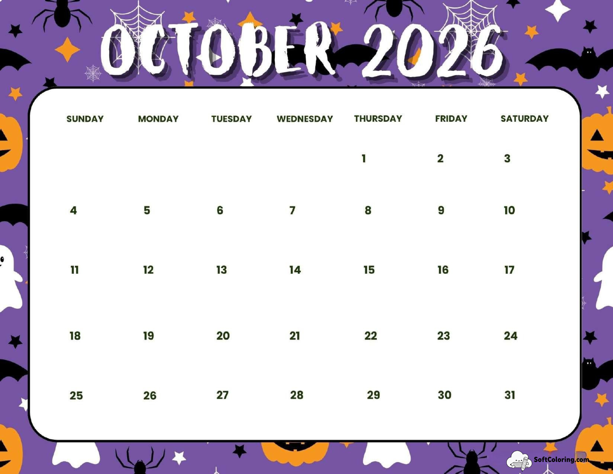 October 2026 Calendar Printable Spooky Portrait V2