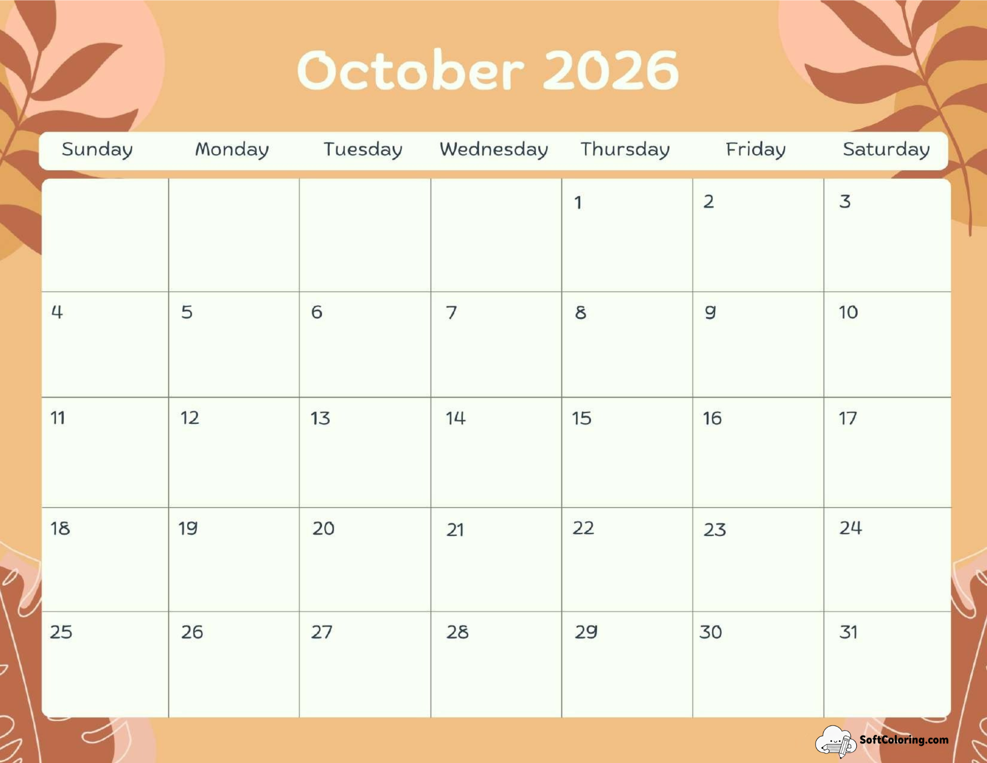 October 2026 Calendar Printable Terracotta Landscape V2