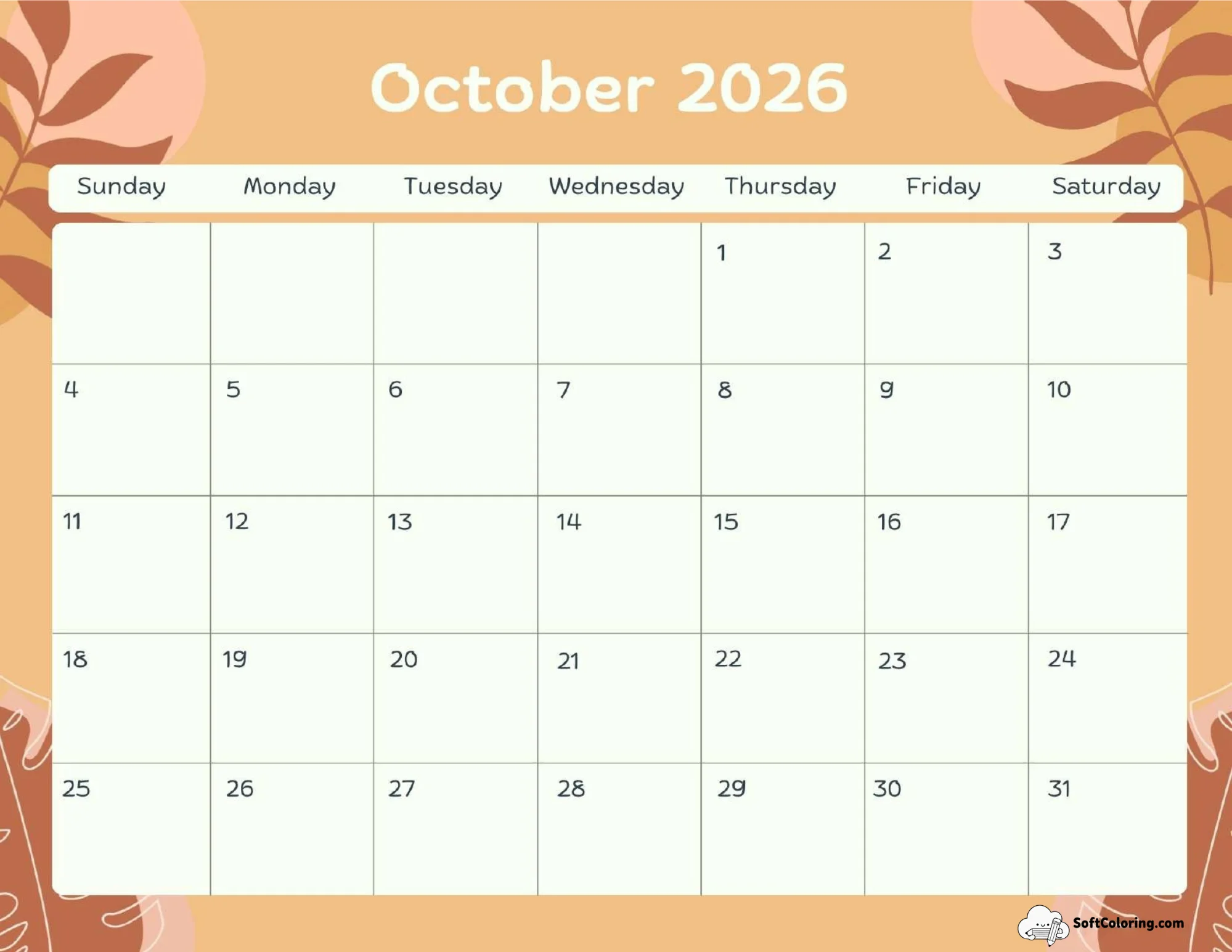 October 2026 Calendar Printable Terracotta Landscape V2
