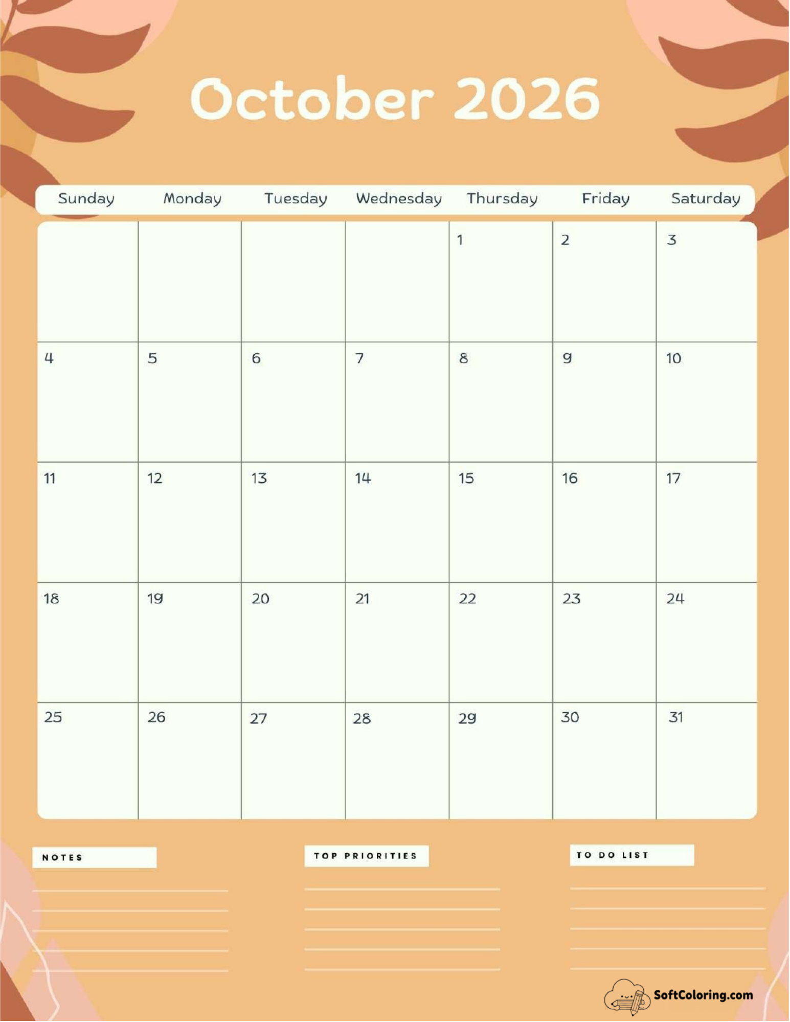 October 2026 Calendar Printable Terracotta Portrait V2