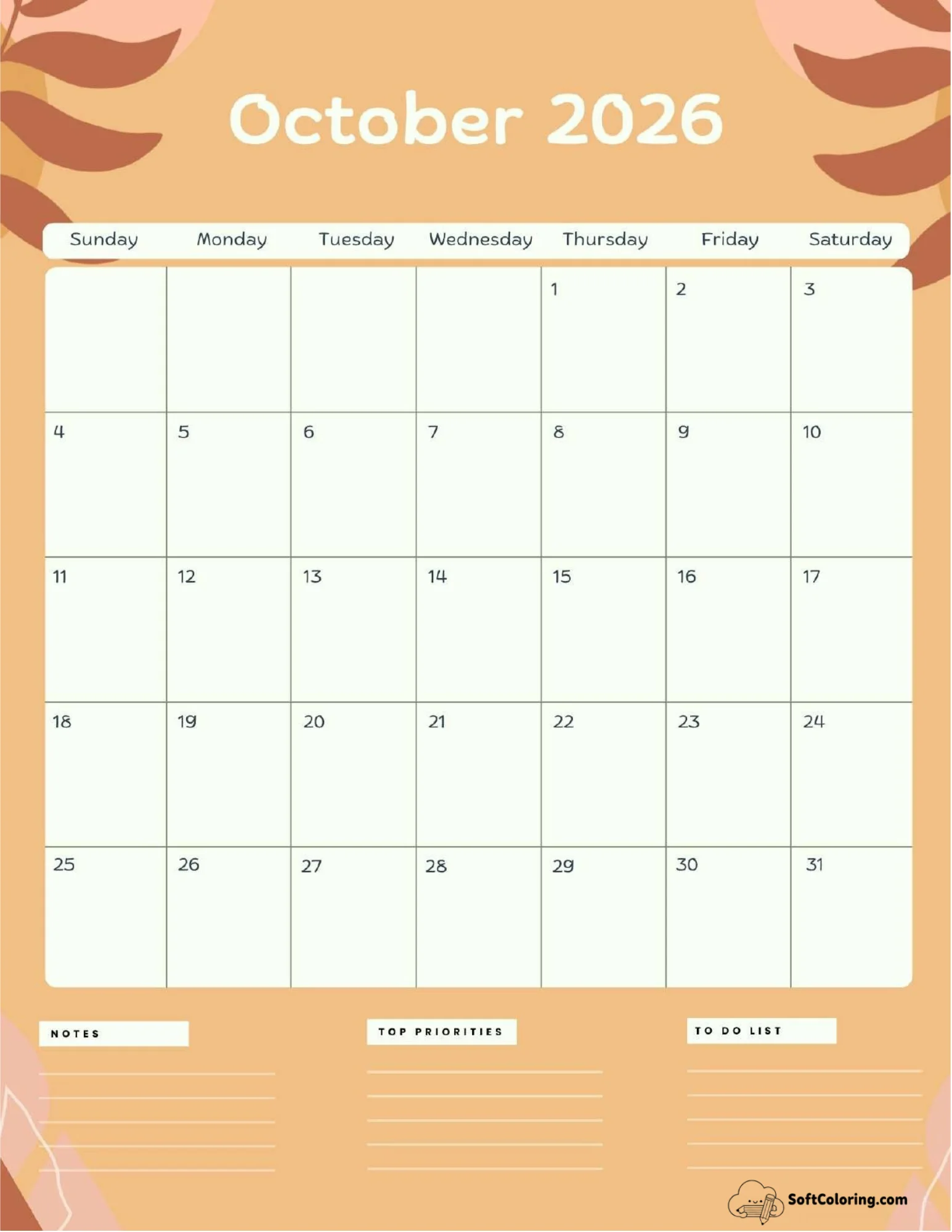 October 2026 Calendar Printable Terracotta Portrait V2