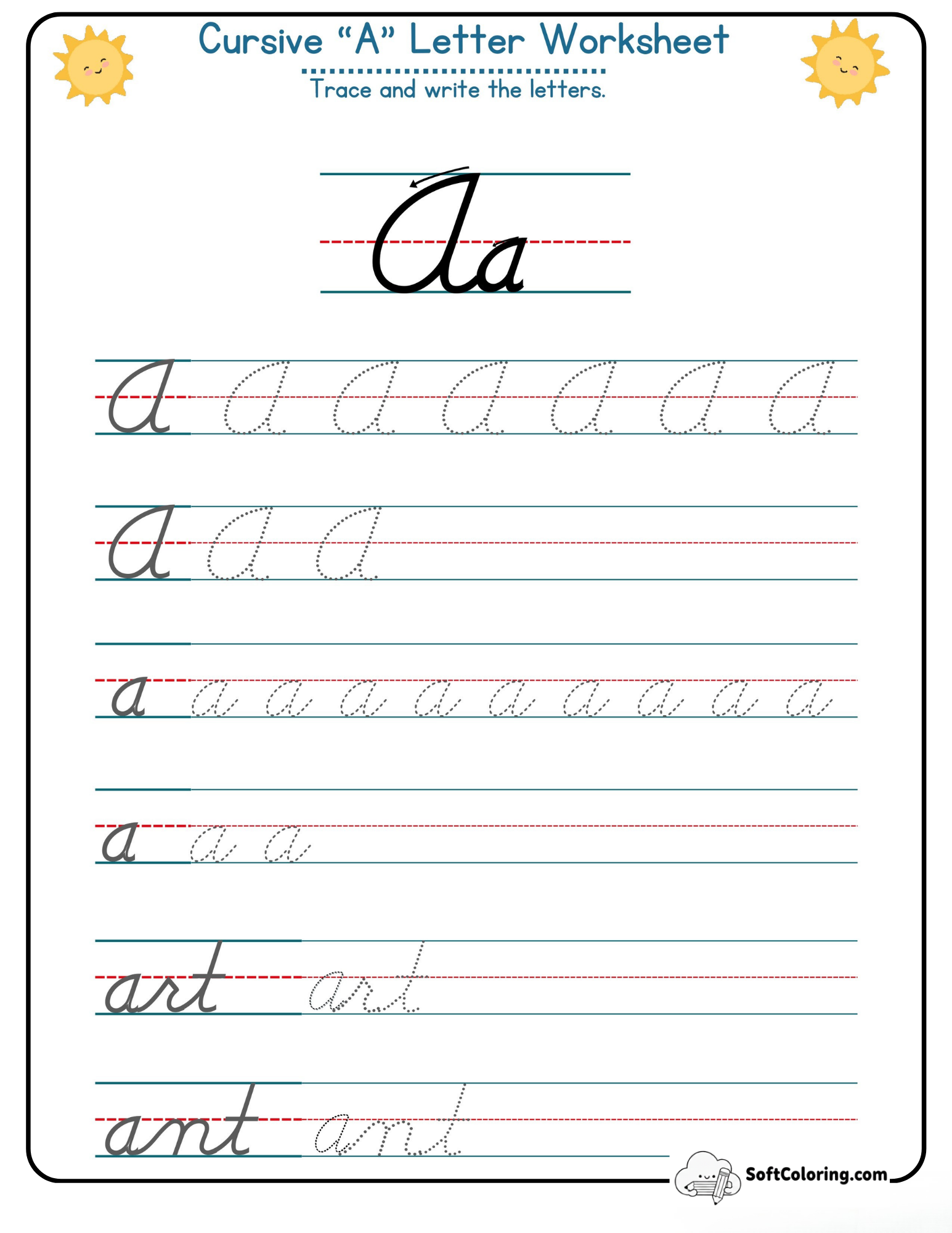 Cursive A Worksheet With Arrows