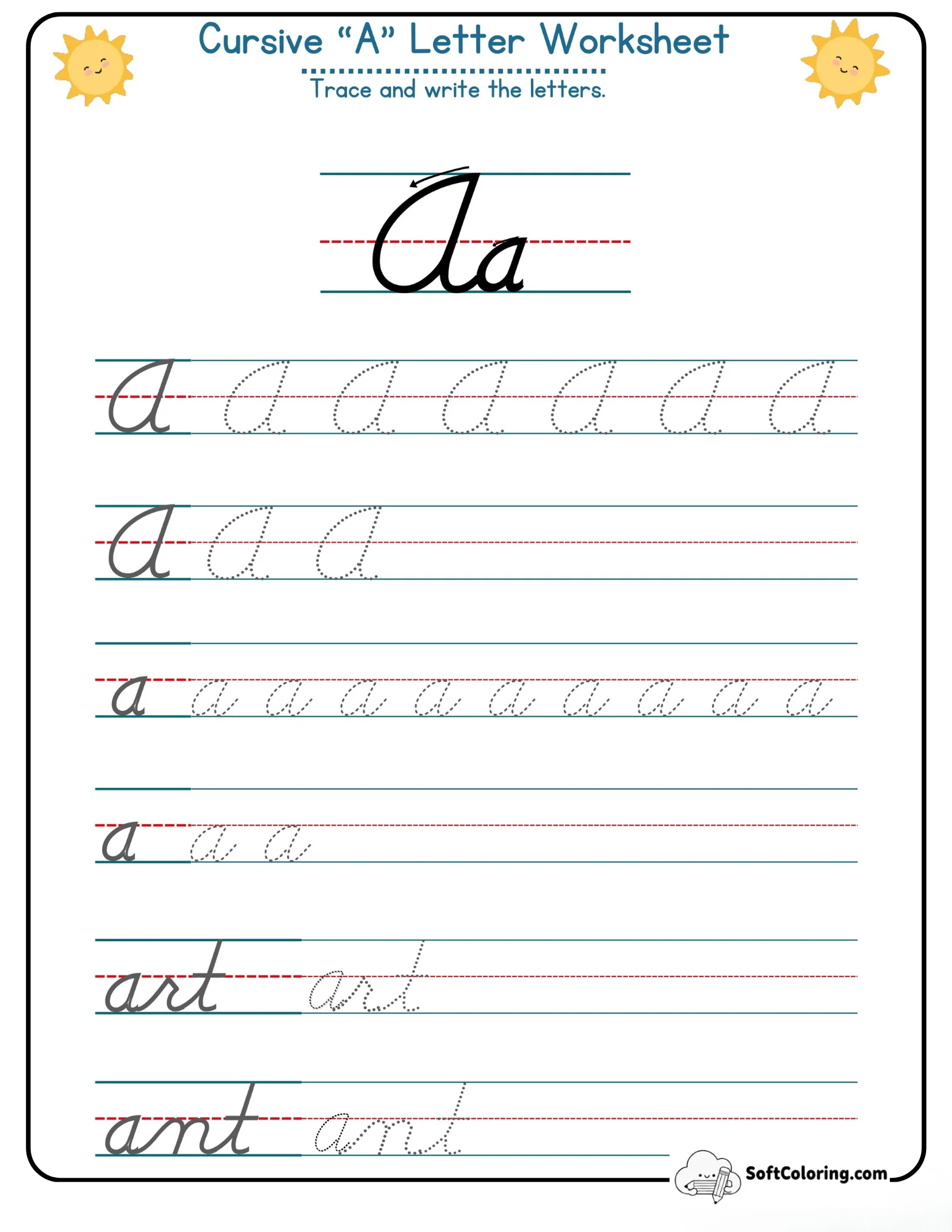 Cursive A Worksheet With Arrows