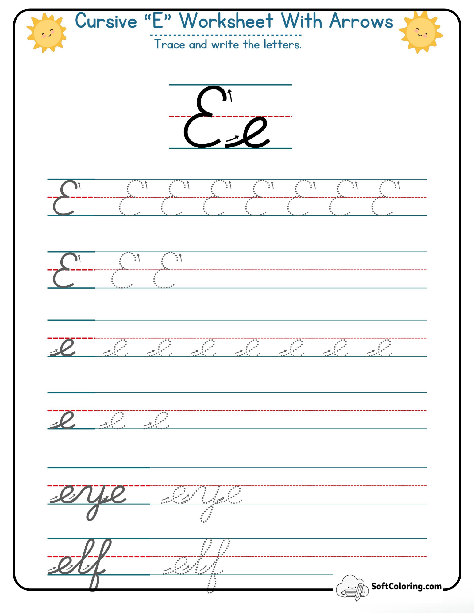Cursive E Worksheet With Arrows