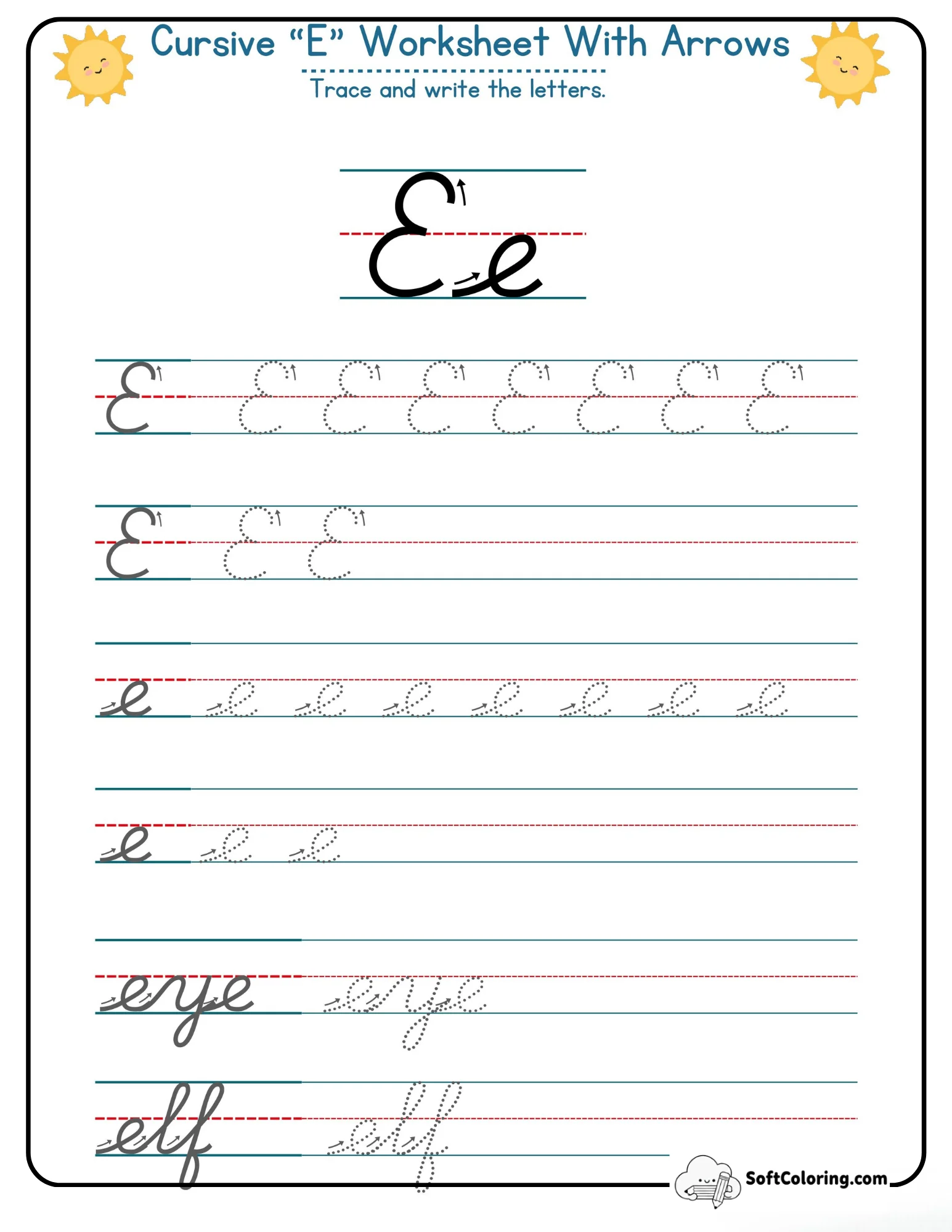 Cursive E Worksheet With Arrows