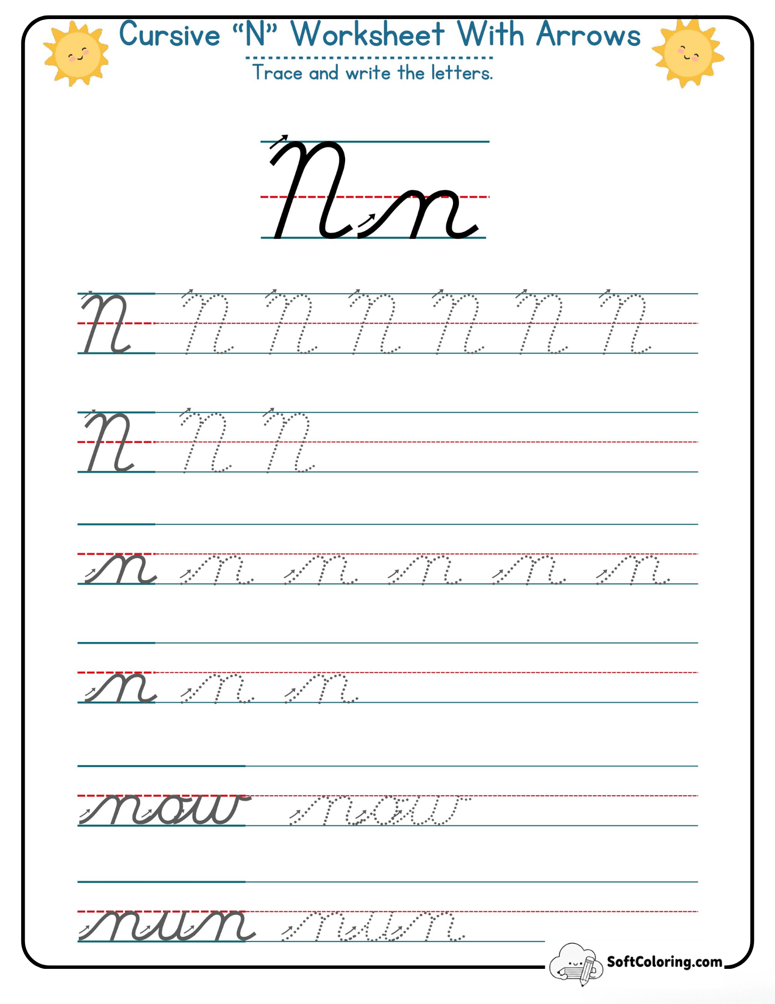 Cursive N Worksheet With Arrows