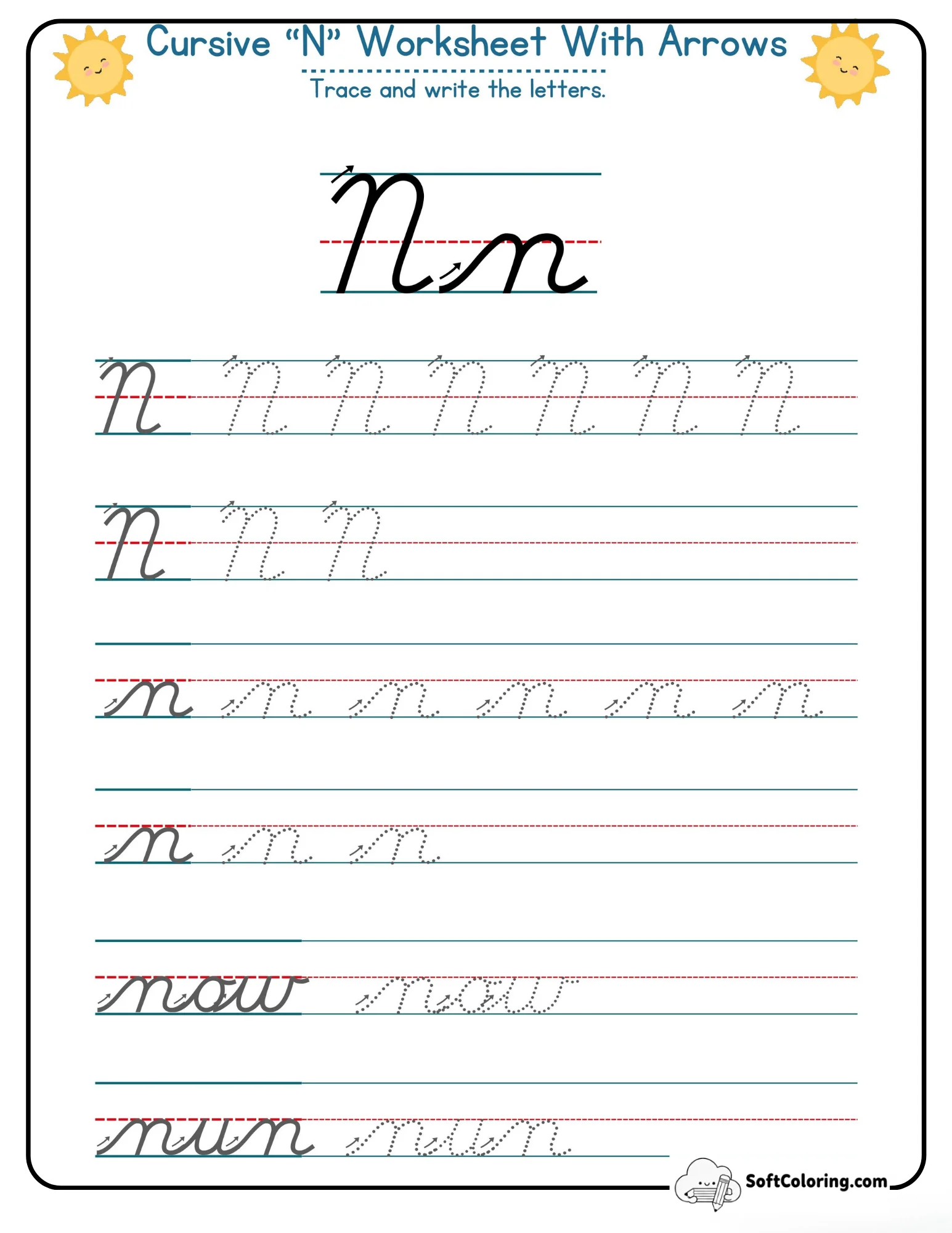 Cursive N Worksheet With Arrows