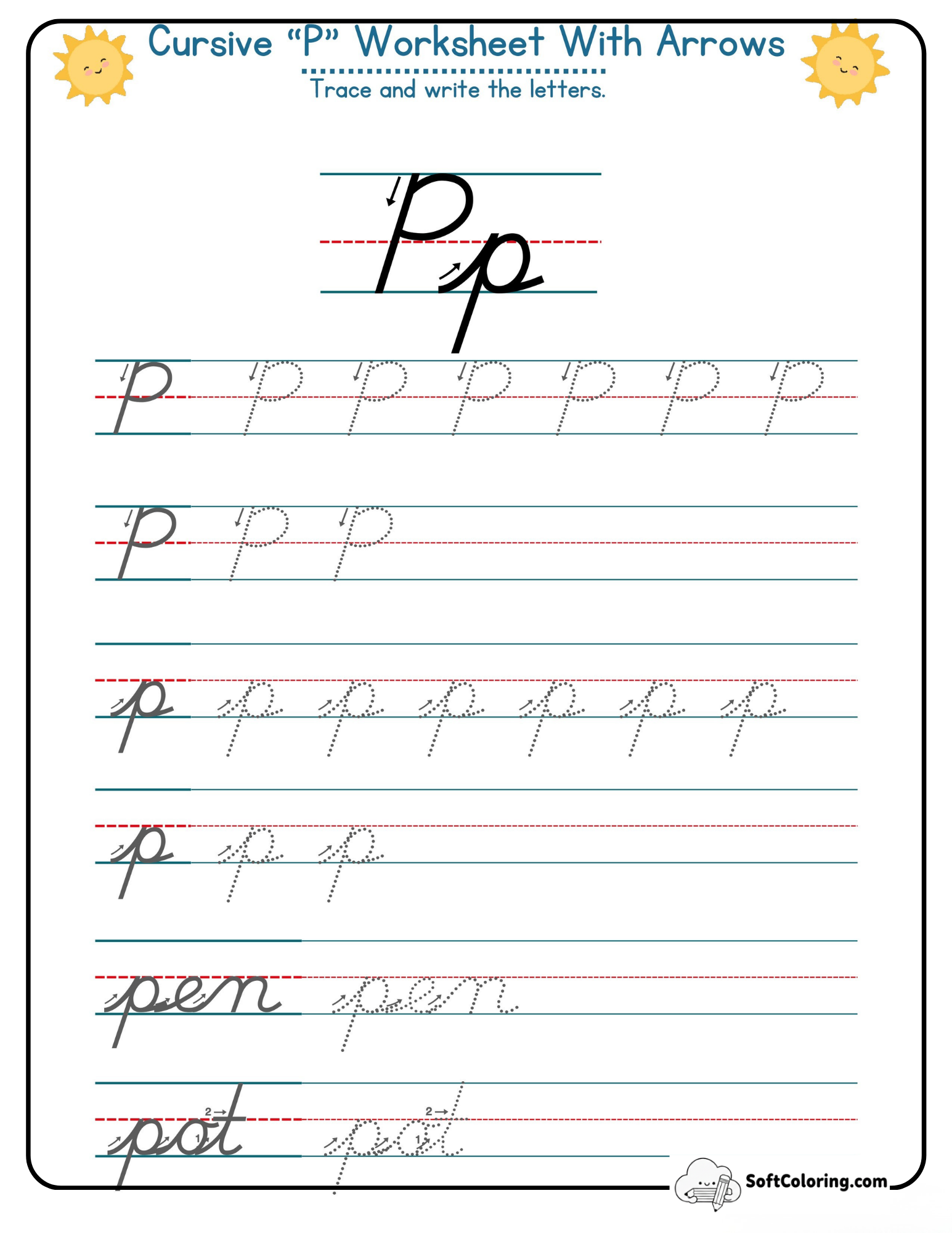 Cursive P Worksheet With Arrows